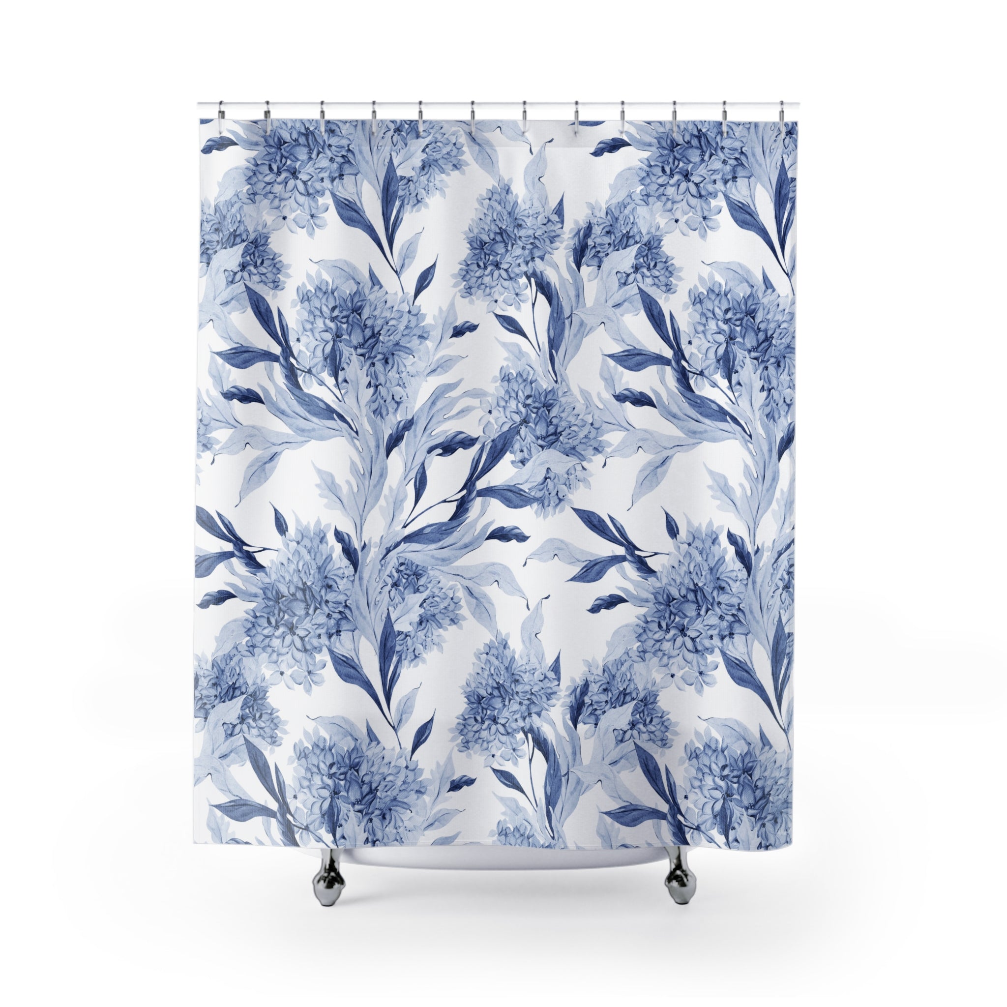 Floral Shower Curtain | Blue White Tropical Leaves Bathroom Decor