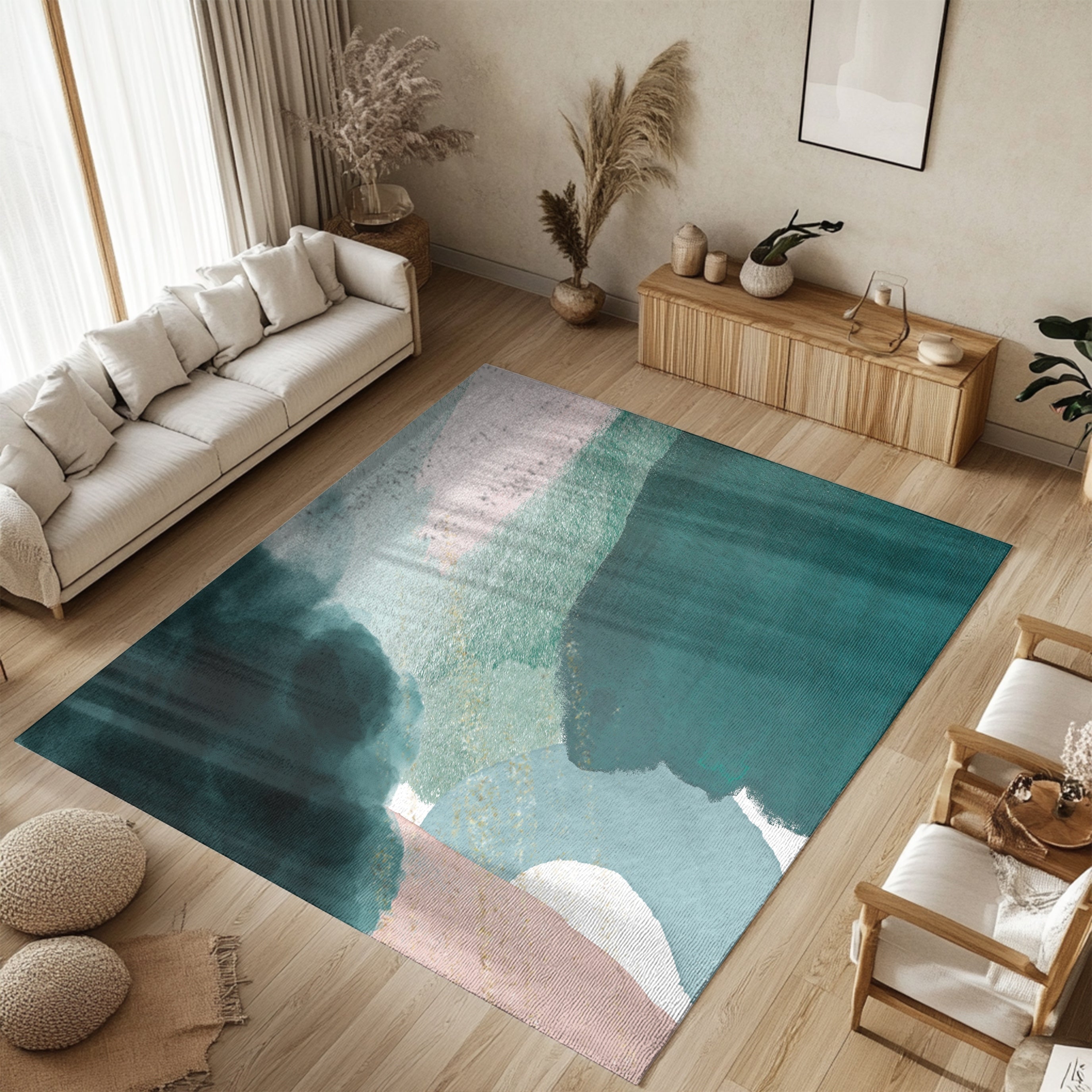 stylish modern abstract green blush pink rug in living room