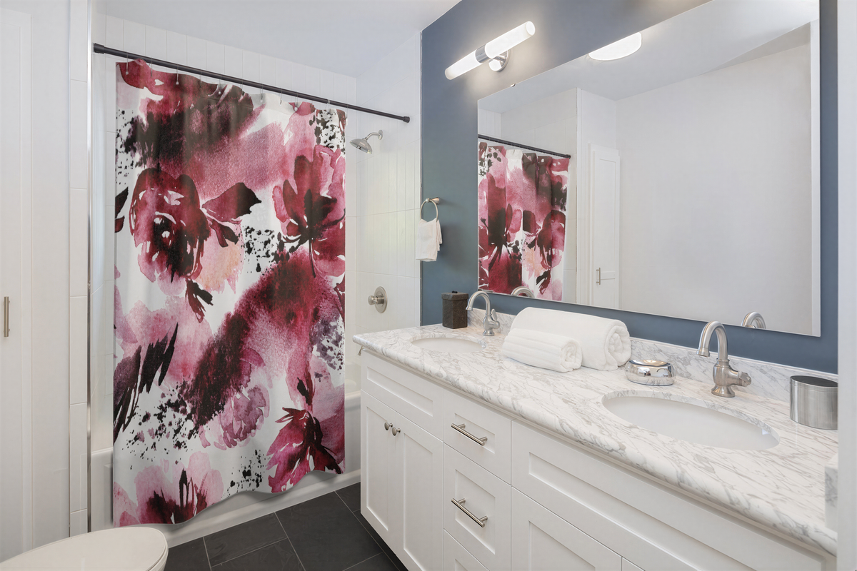 Floral Shower Curtain Red Wine White