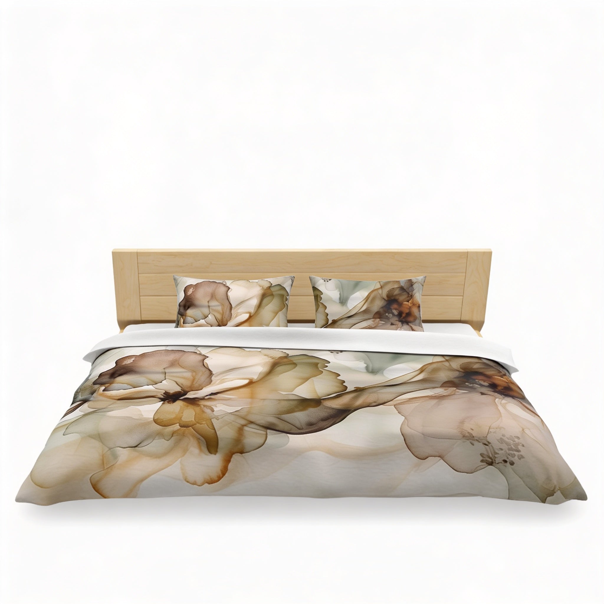 a bed with a floral print duvet cover and matching pillows.