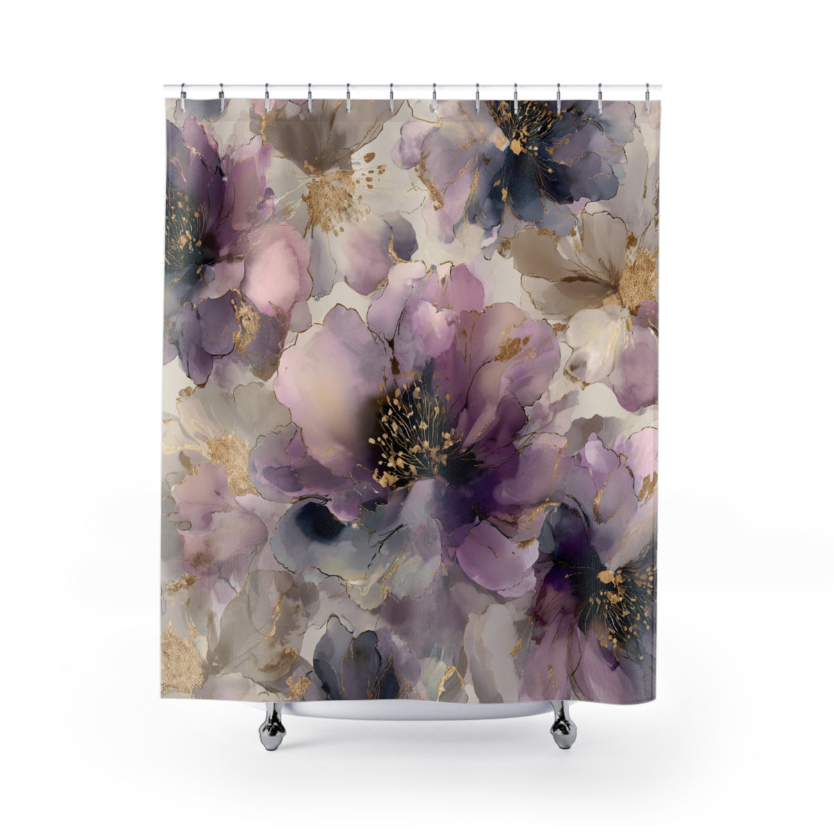 a shower curtain with a floral pattern of purple and gold flowers.