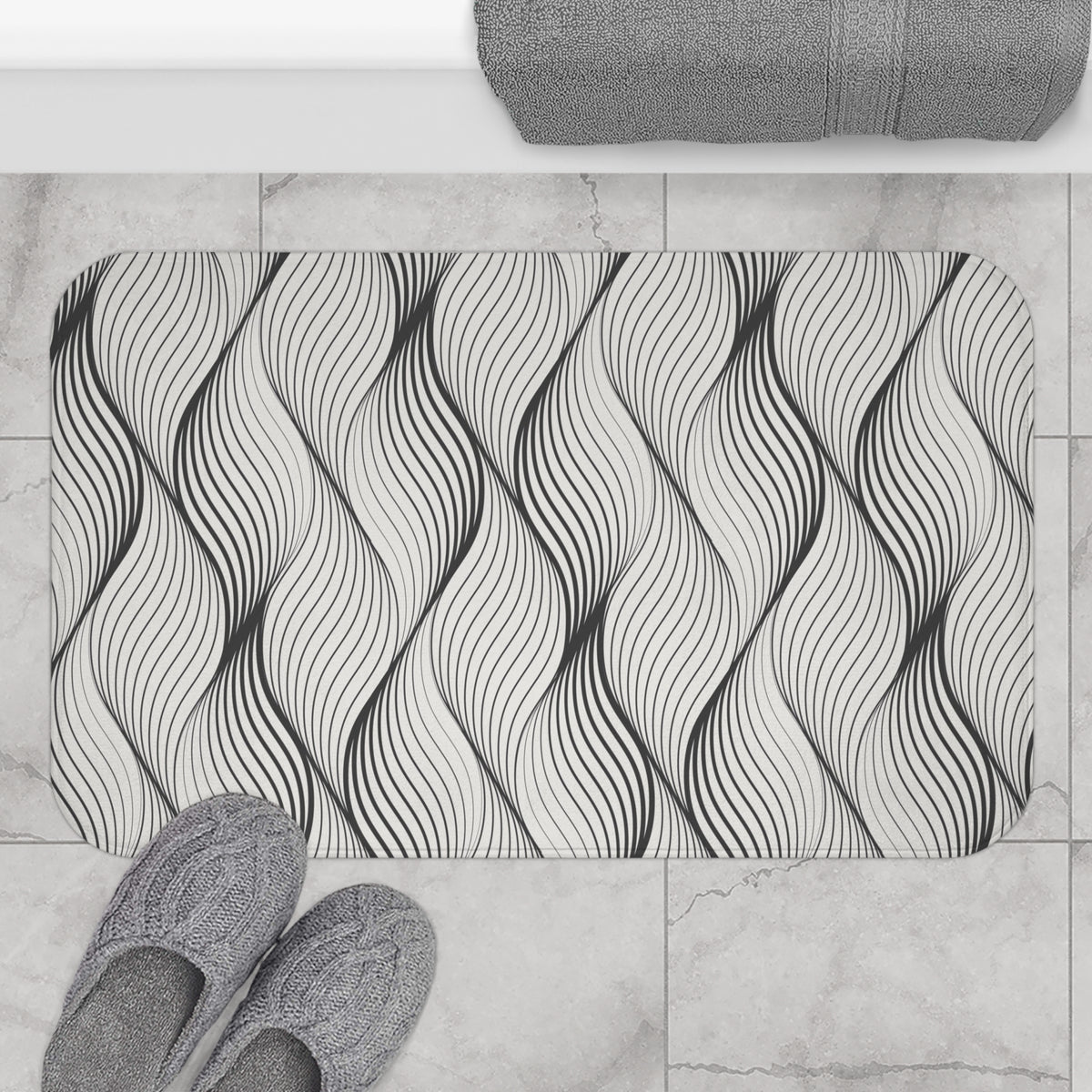 Charcoal Grey Wavy Line Bath Mat, Art Deco Bathroom Rug