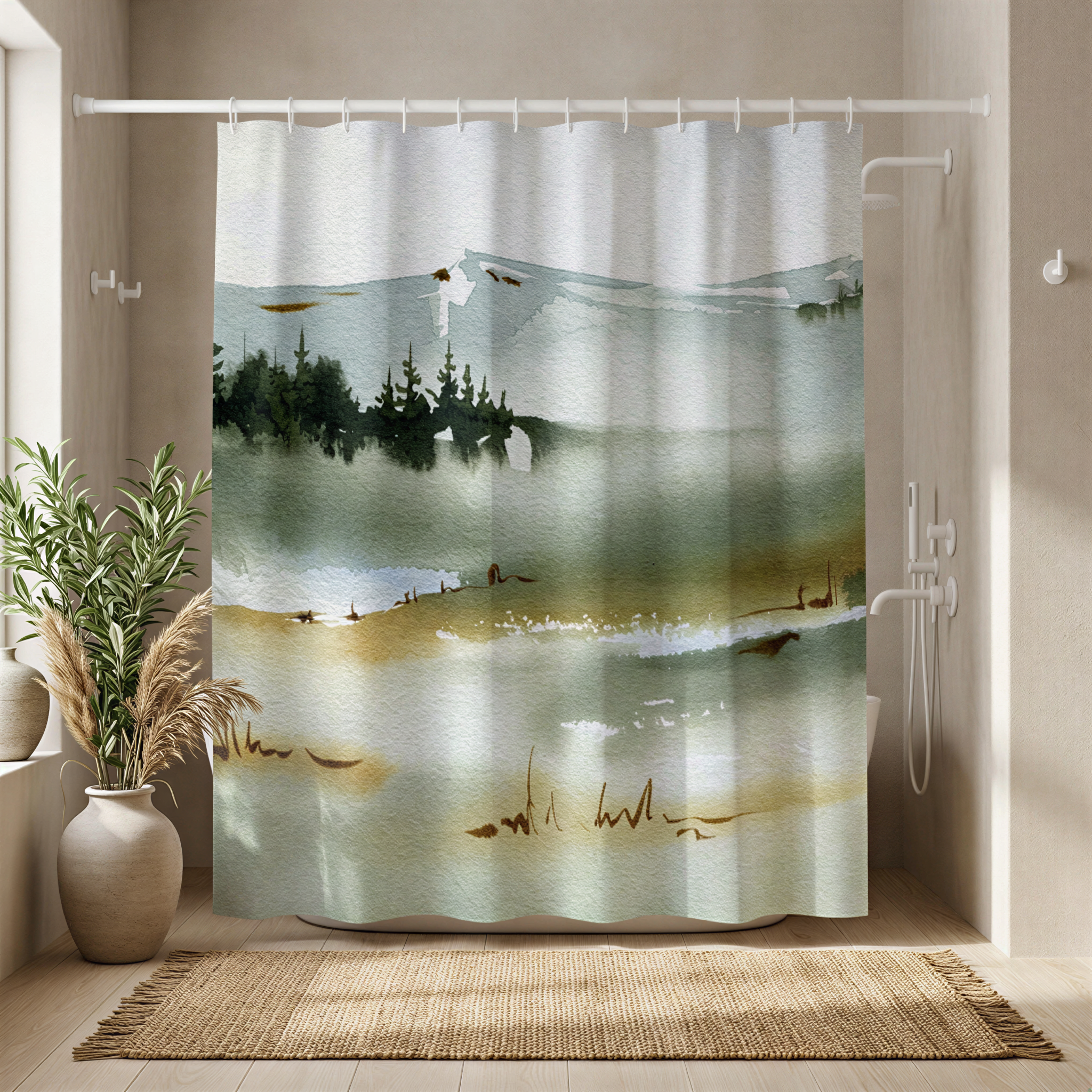 a bathroom with a shower curtain that displays a serene landscape of a beach and mountains.