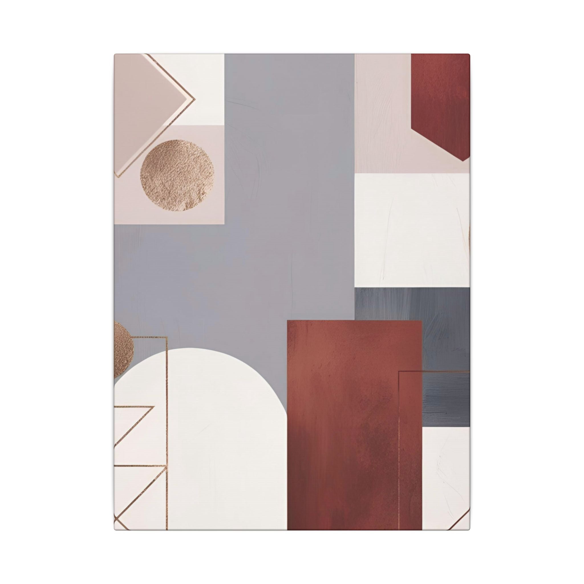 The image is a minimalist abstract artwork composed of various geometric shapes and patterns in shades of gray, white, and burgundy.