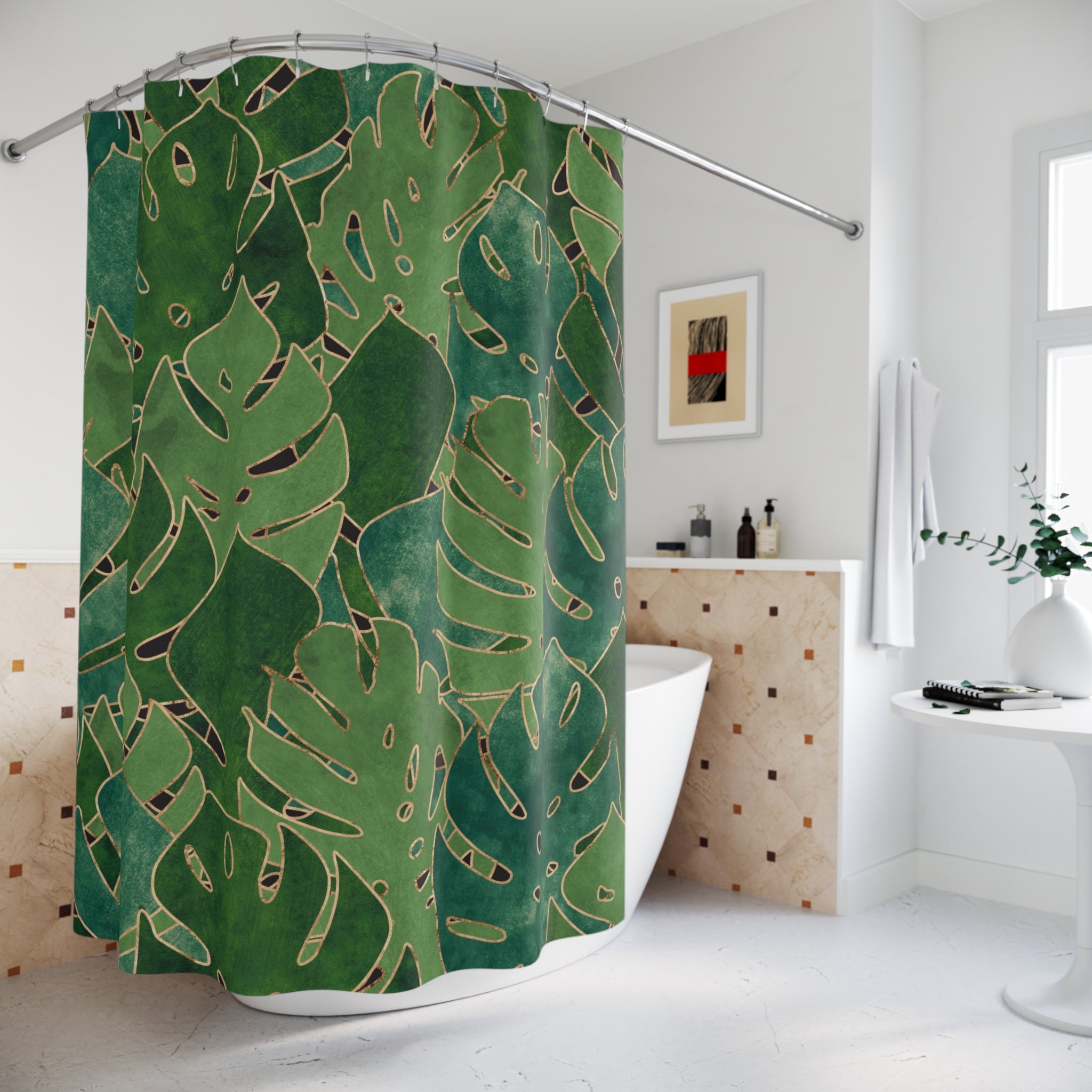 Green Shower Curtain | Jungle Monstera Leaves Bathroom Decor