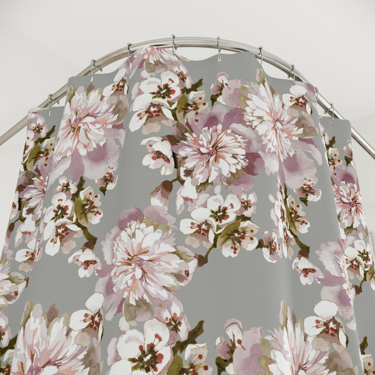 Grey Blush Cherry Blossom Shower Curtain, Bath Curtain 71x74