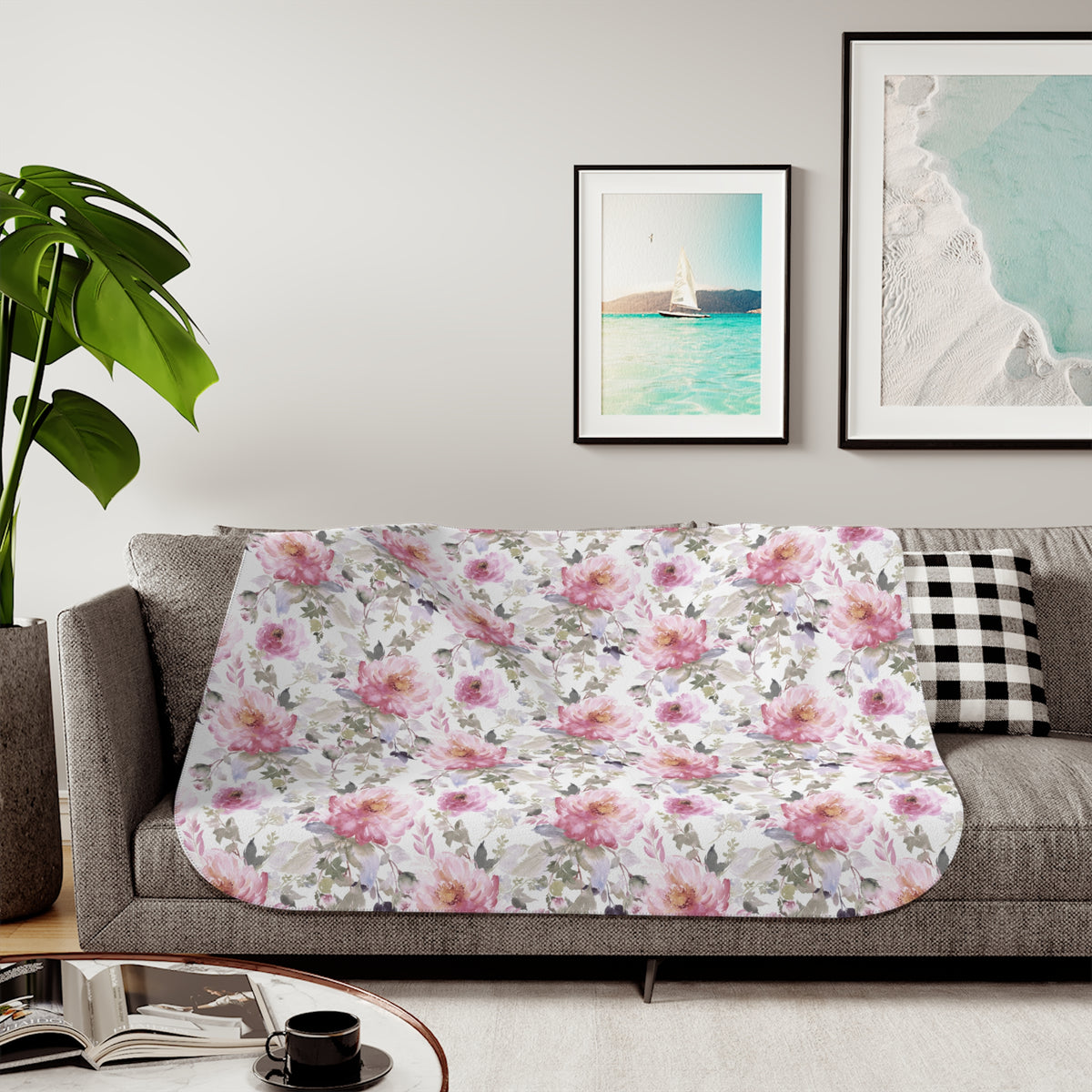 Pink Watercolor Peony Sherpa Blanket | Blush Sage Floral Throw