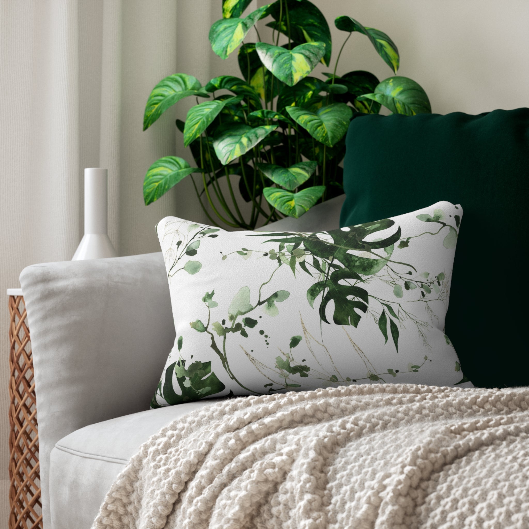 Boho Lumbar Pillow | White Green Monstera Leaves Floral