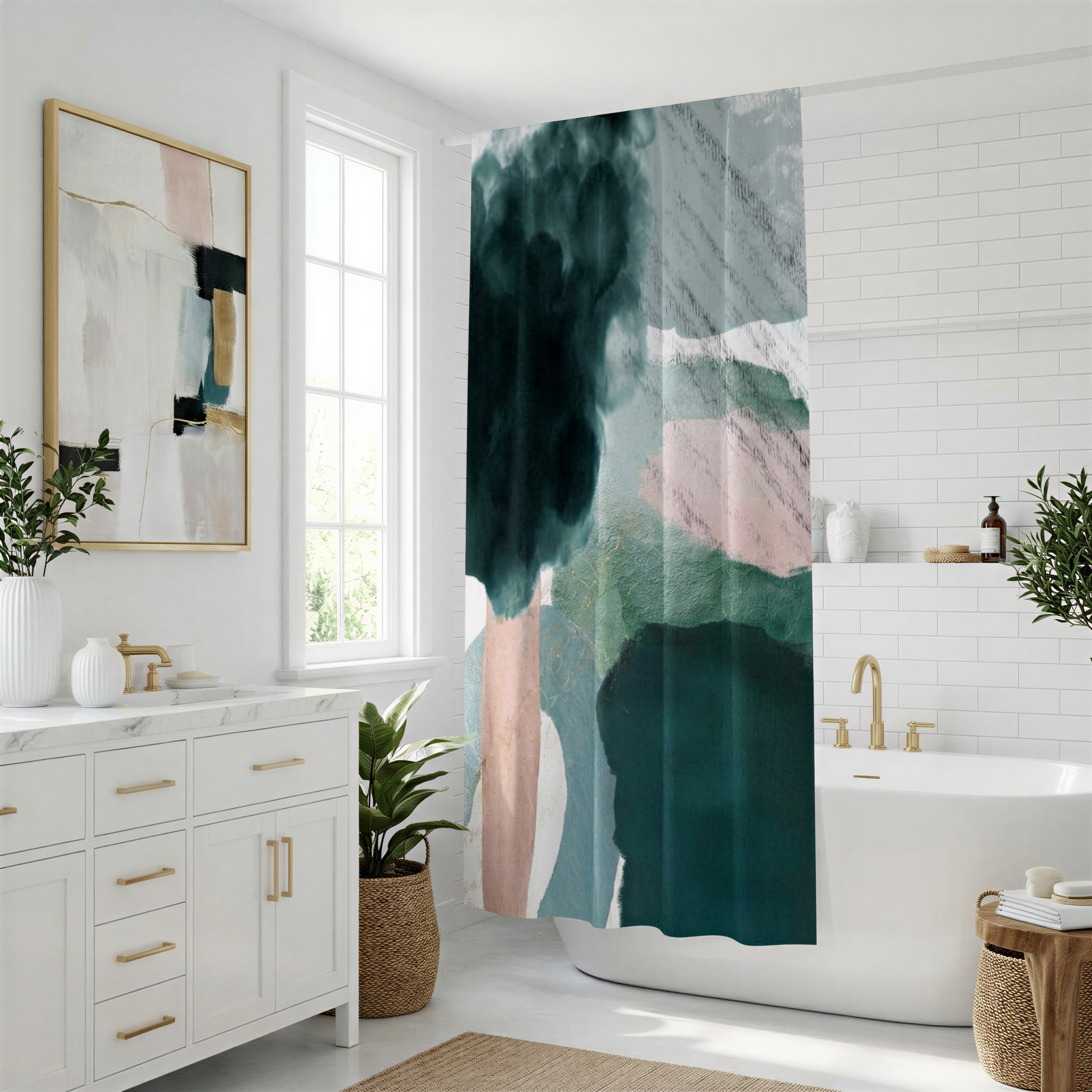 a modern bathroom with a white bathtub, a large abstract green and pink shower curtain, a white vanity with a plant, and a large window.