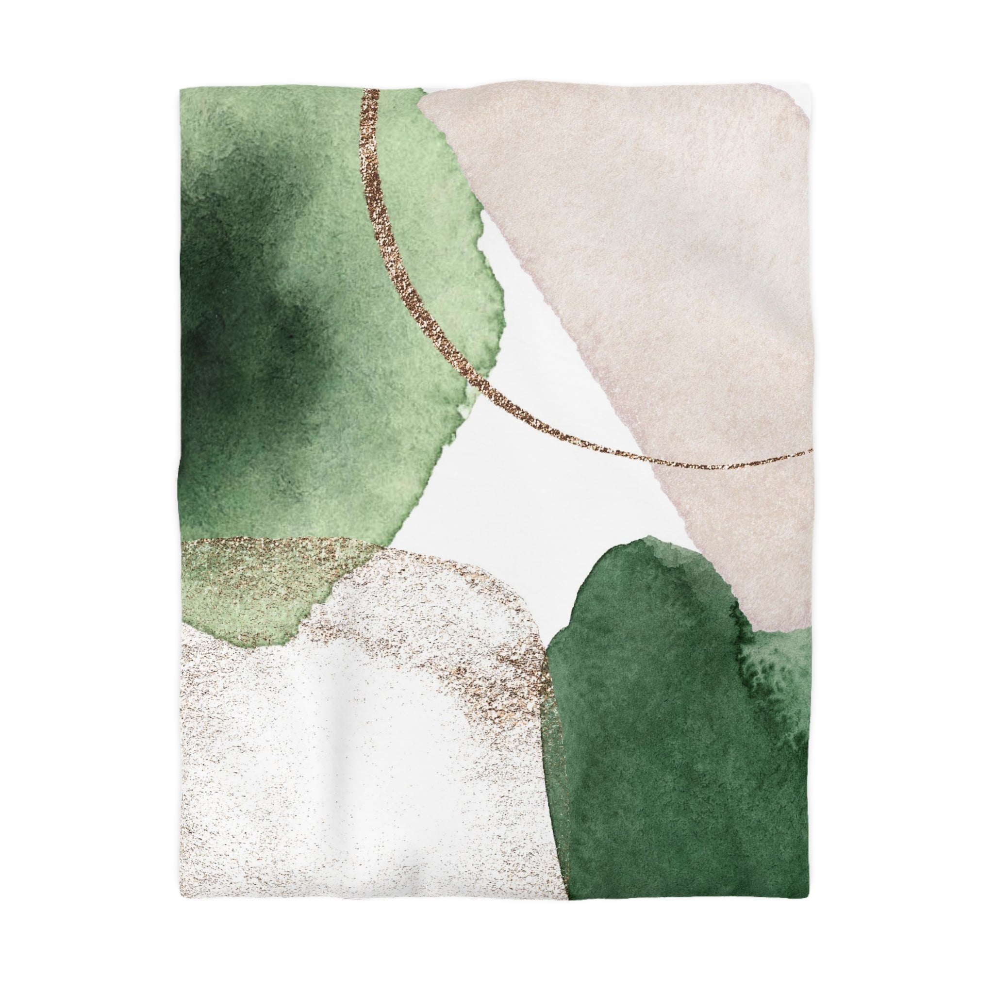 The image is a collage of abstract watercolor paintings in various shades of green, pink, and white, with a gold glitter accent.