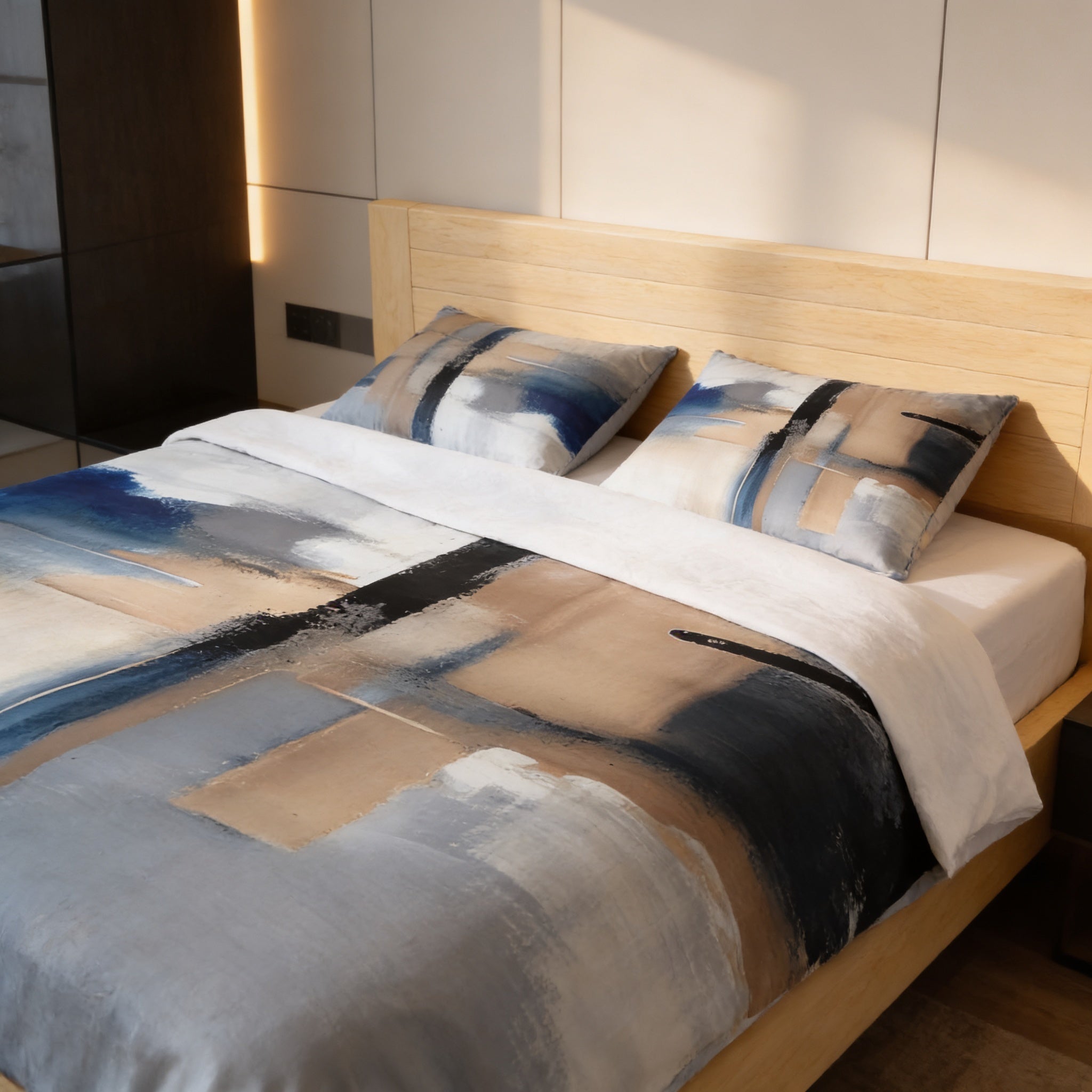 a modern bedroom with a wooden bed frame and a colorful abstract patterned comforter and pillows.