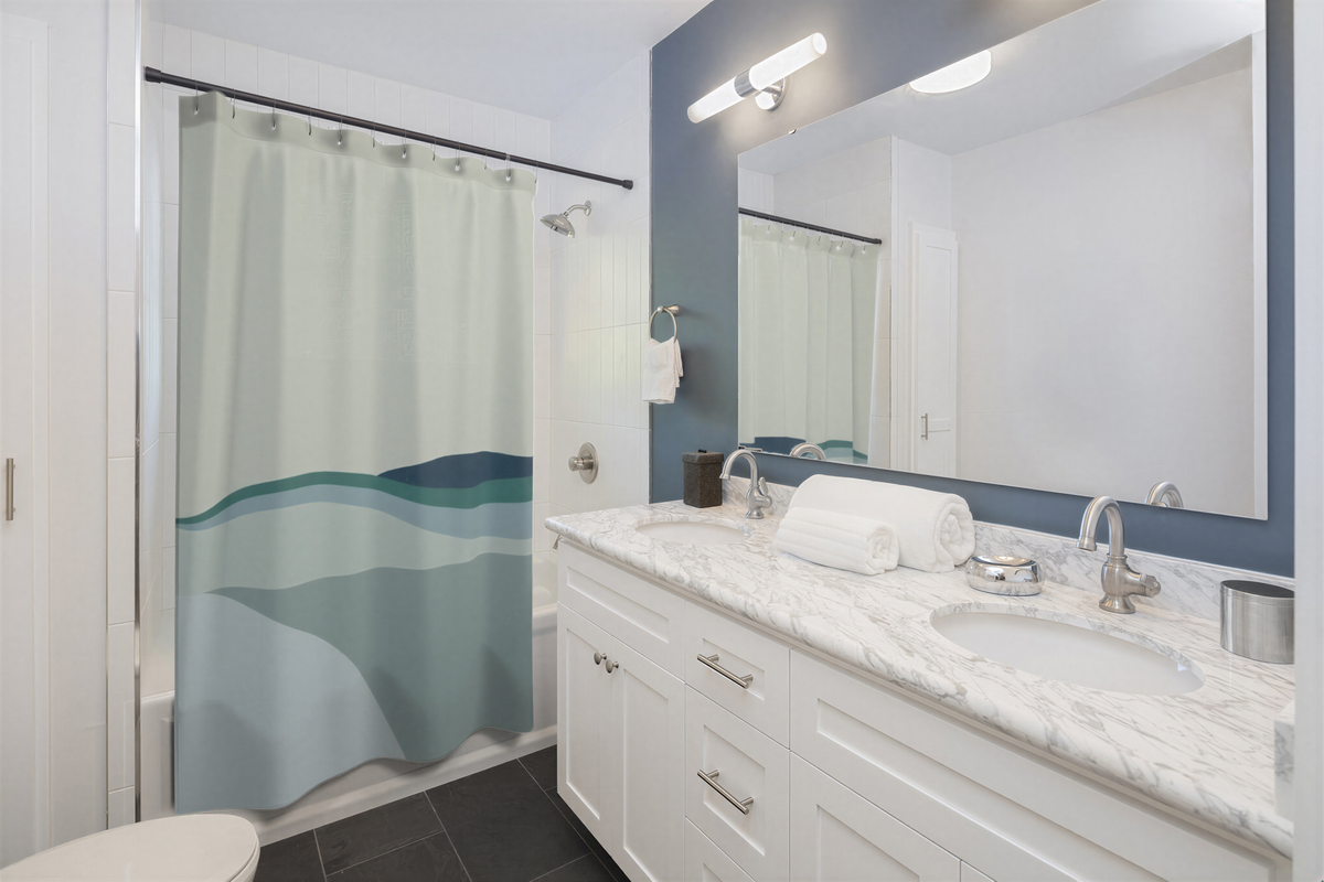 Abstract Boho Shower Curtain Sage Green Teal Navy Abstract Landscape