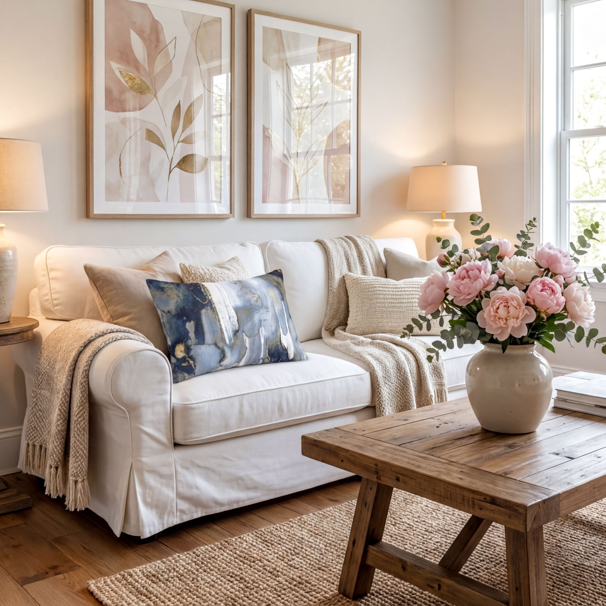a cozy living room with a white sofa, a wooden coffee table, and two framed abstract paintings on the wall. The room is illuminated by natural light coming through a window, creating a warm and inviting atmosphere.
