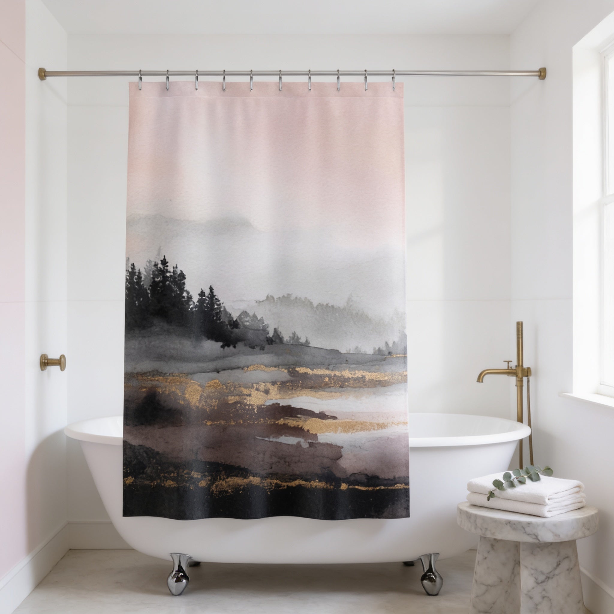 a bathroom with a white bathtub, a shower curtain with a landscape design, and a marble stool.