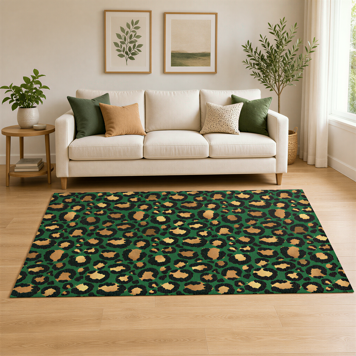 a living room with a white sofa, a leopard print rug, and two framed pictures on the wall.