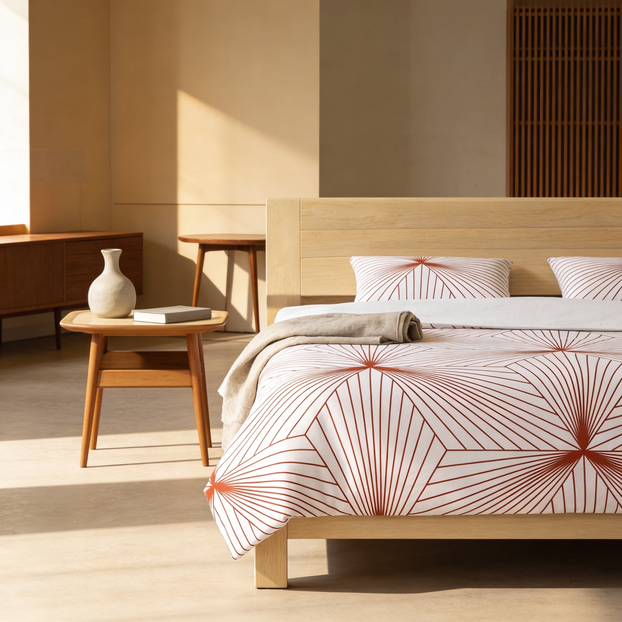 a modern bedroom with a wooden bed frame, a wooden nightstand, and a wooden dresser. The room has a minimalist and clean design, with a white vase and a book on the nightstand.