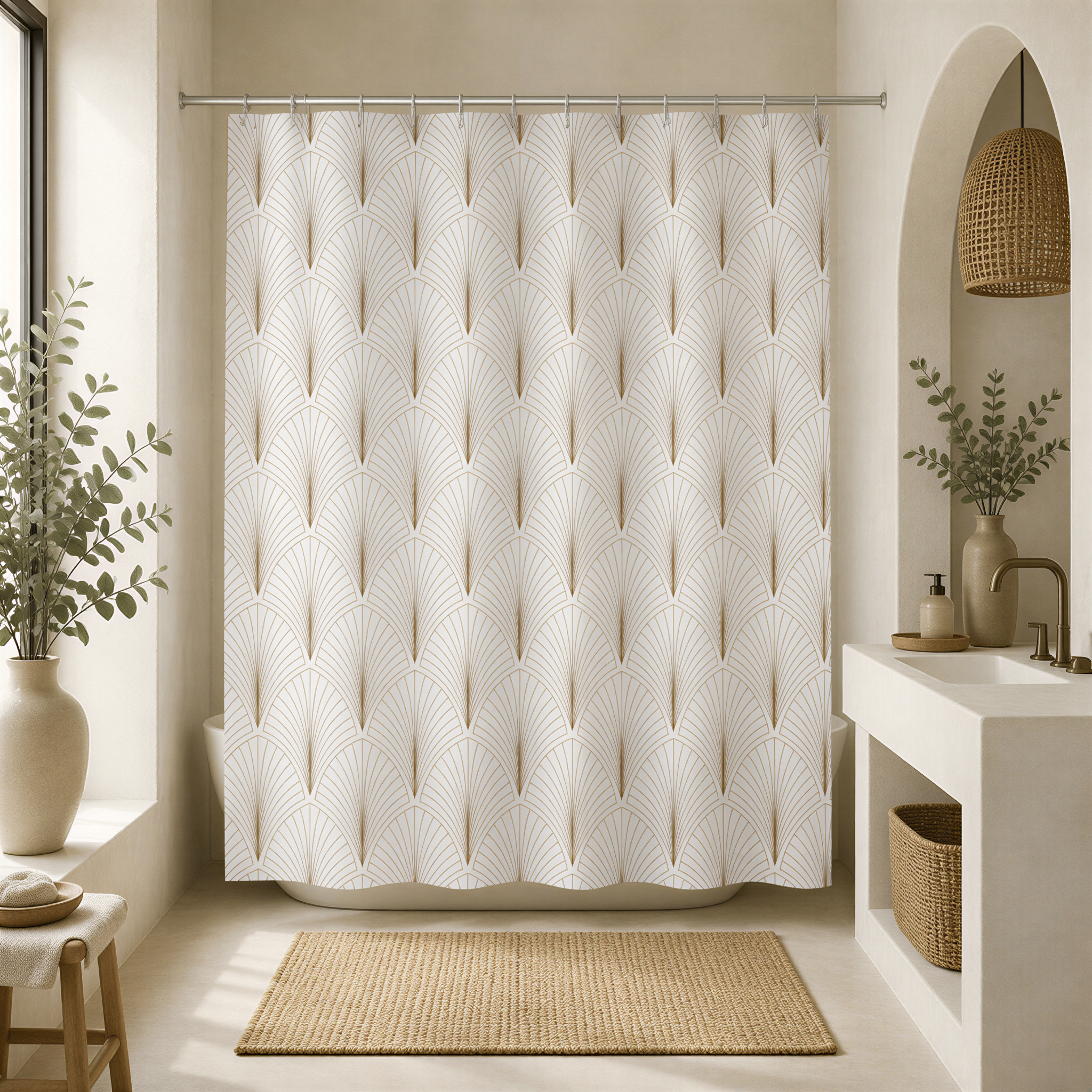 a modern bathroom with a shower curtain featuring a repeating pattern of white and gold geometric designs. The bathroom is well-lit and has a clean, minimalist aesthetic.