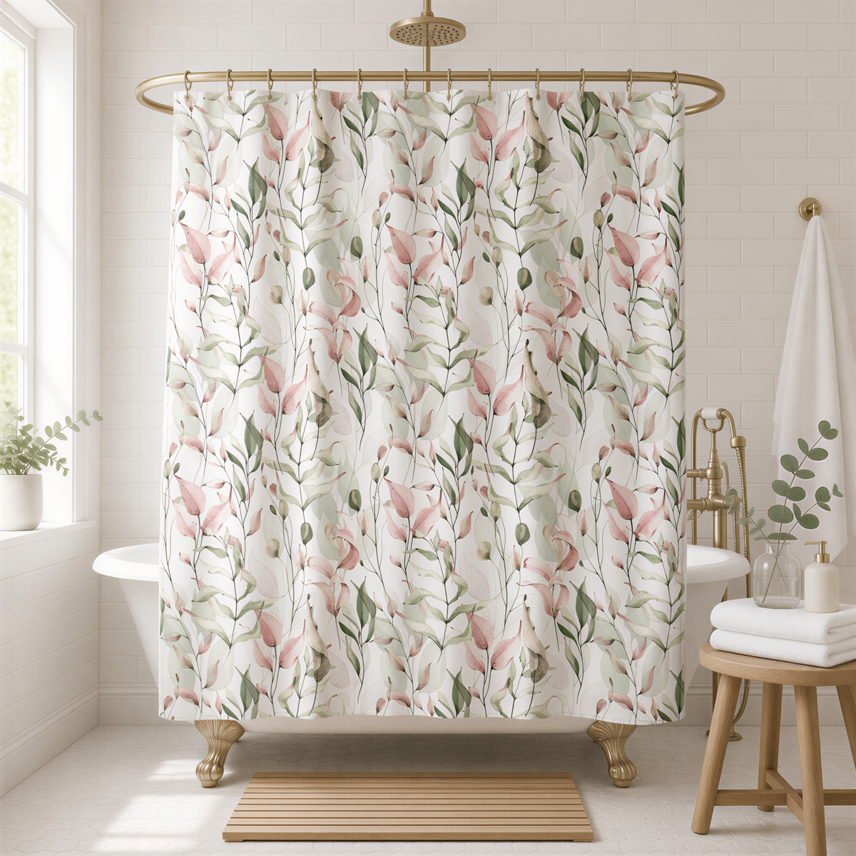 a bathroom with a white bathtub, a shower curtain with a floral pattern, and a wooden stool.