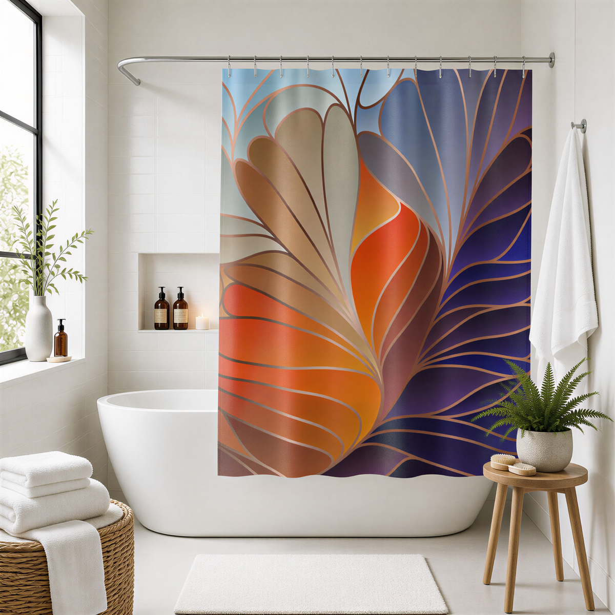 a modern bathroom with a large, colorful abstract pattern on the shower curtain. The bathroom features a white bathtub, a wooden stool, and a potted plant, creating a serene and stylish atmosphere.