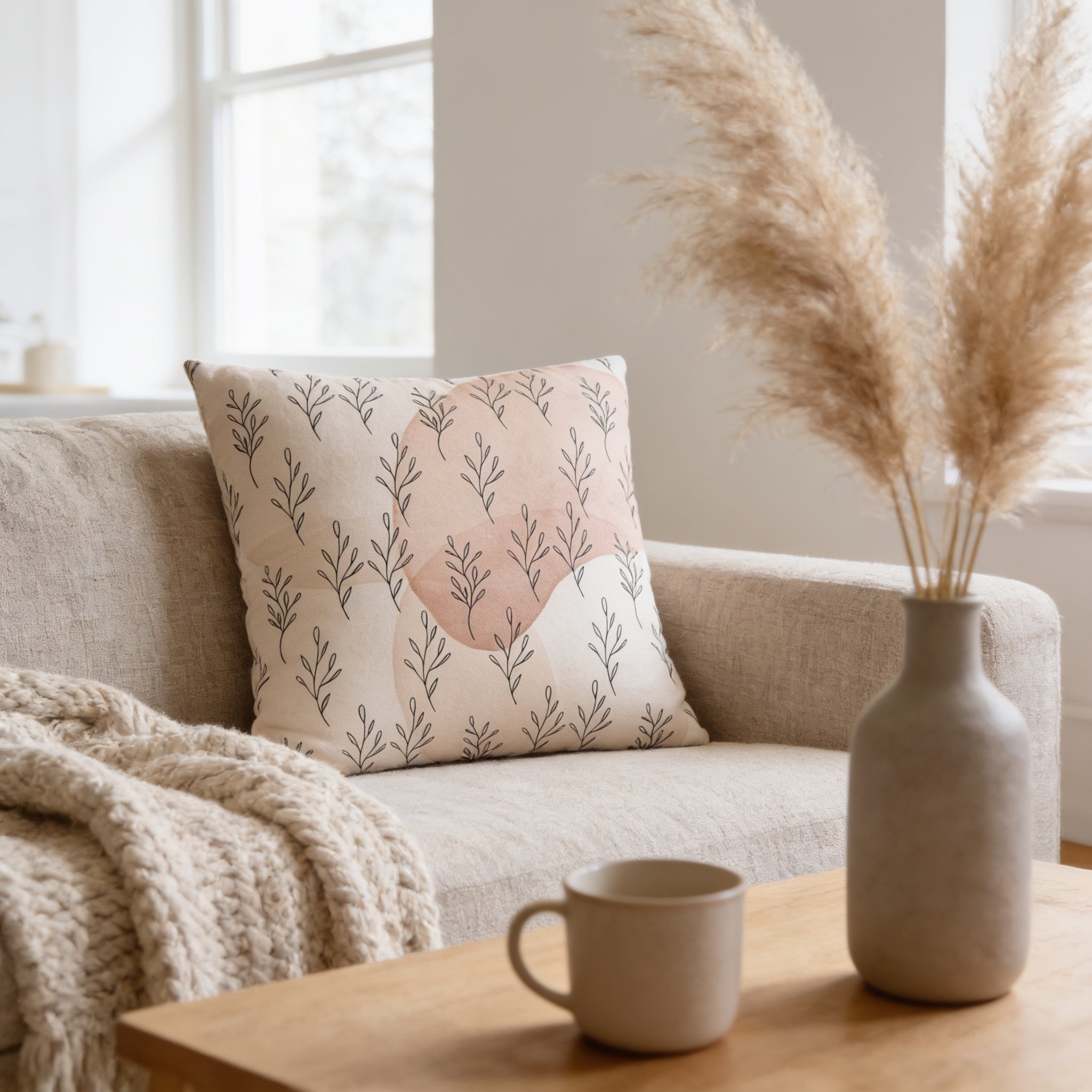 a cozy living room with a beige sofa, a decorative pillow with a leaf pattern, a wooden coffee table with a mug and a vase of dried flowers, and a window providing natural light.