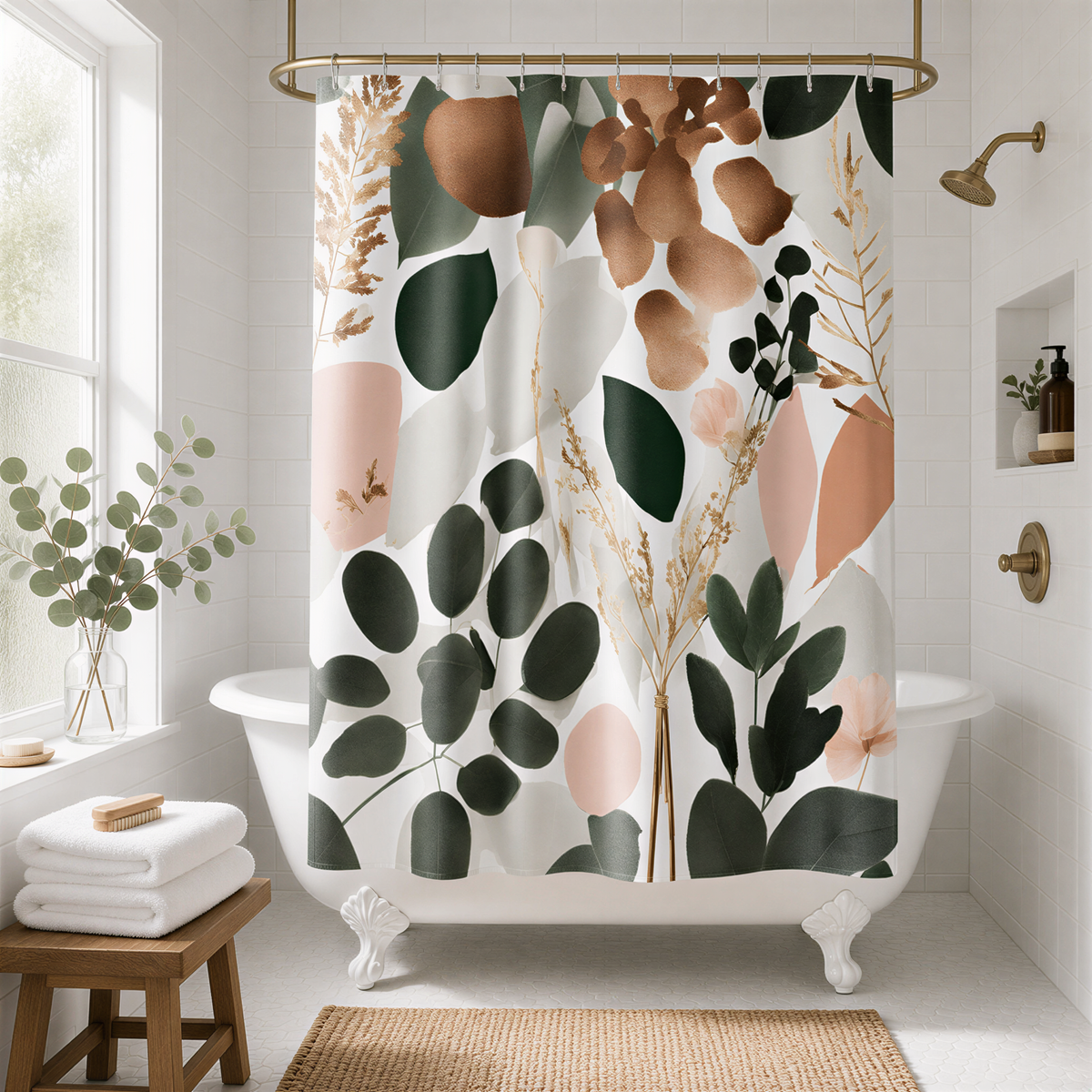 a bathroom with a white bathtub, a shower curtain with a floral pattern, and a wooden stool.