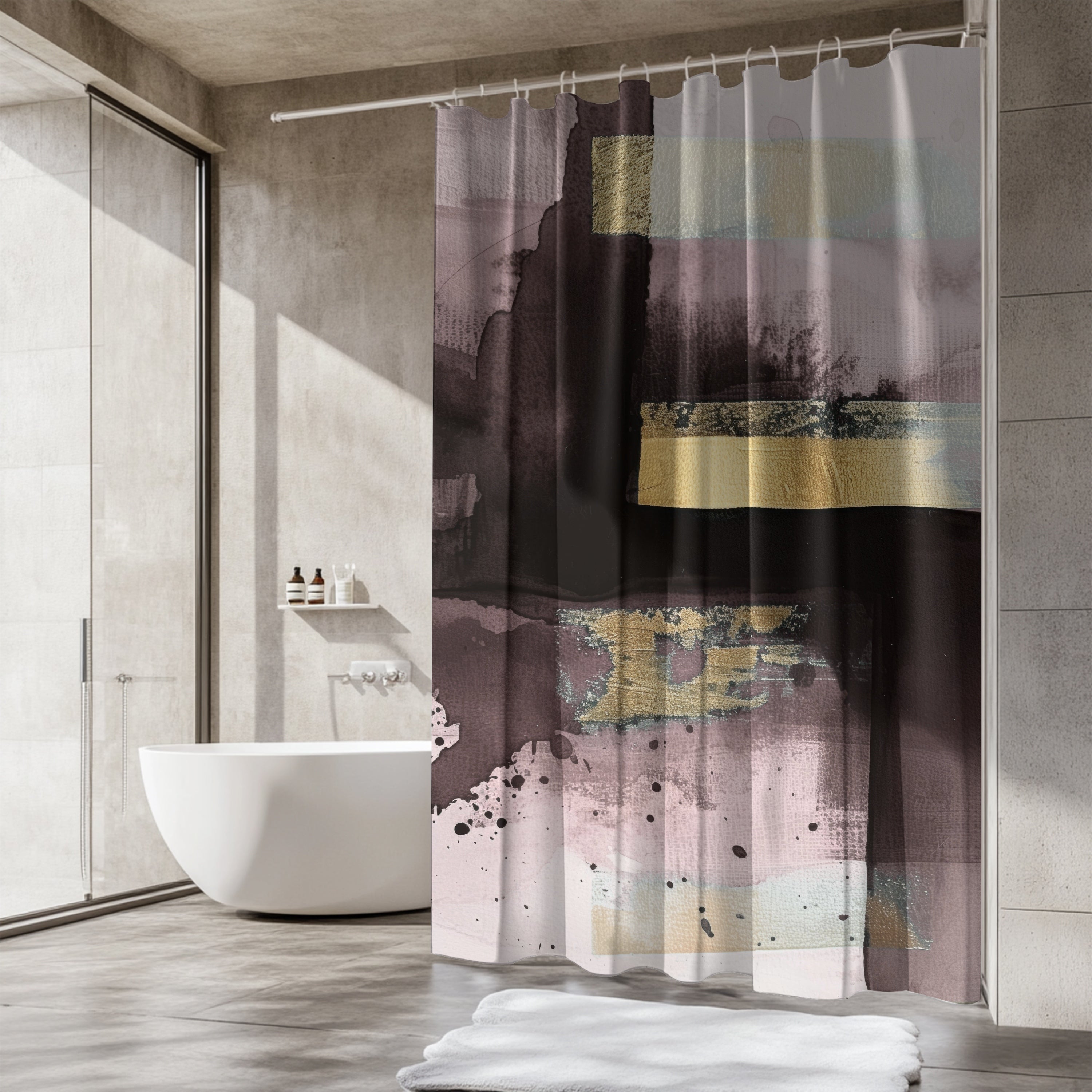 a modern bathroom with a large abstract shower curtain featuring a mix of pink, purple, and black colors. The bathroom also includes a white bathtub and a glass shower door.