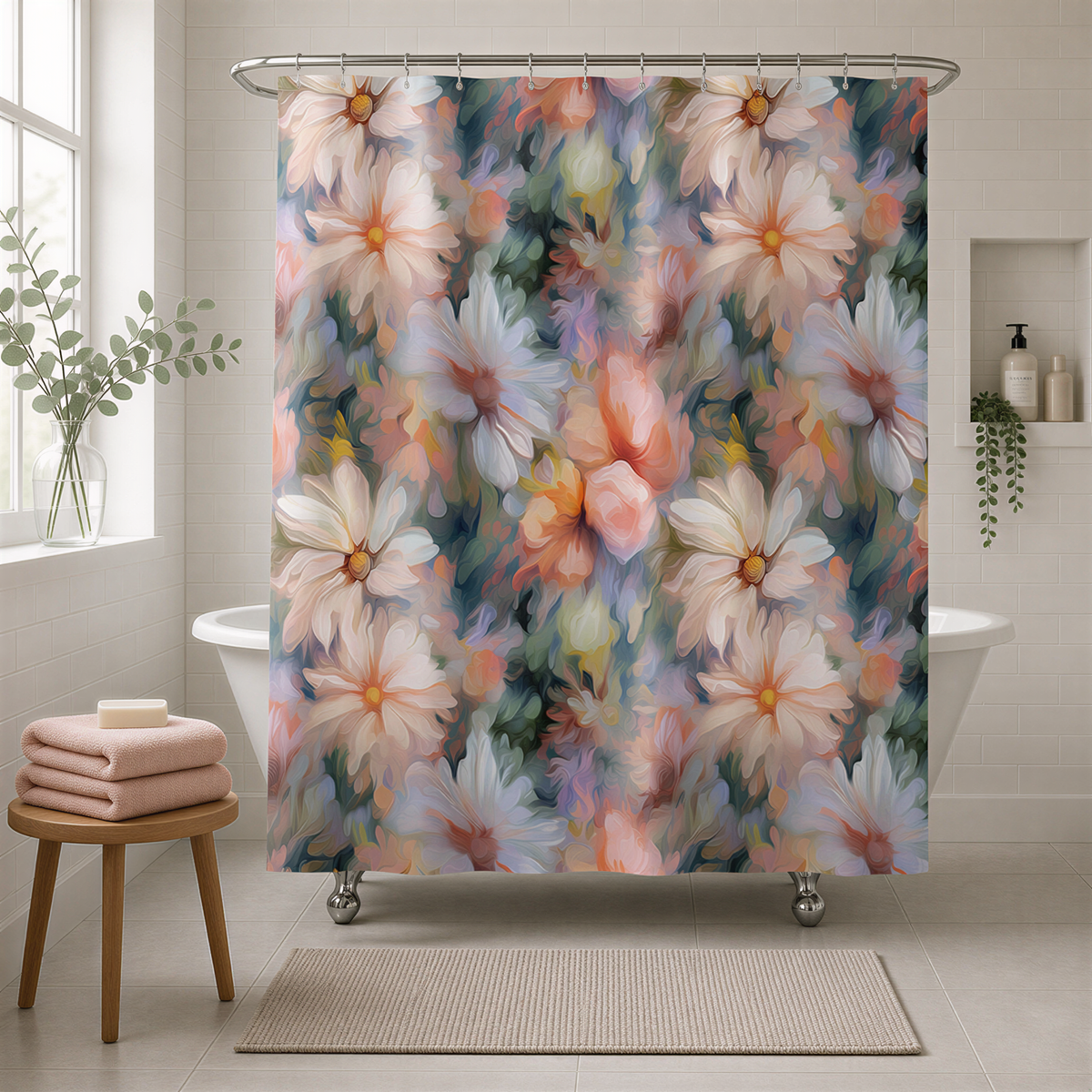 a bathroom with a shower curtain adorned with a vibrant floral pattern in shades of pink, orange, and white. The shower curtain is hanging from a rod, and there is a small plant on the windowsill. The bathroom also includes a wooden stool and a rug, creating a cozy and inviting atmosphere.