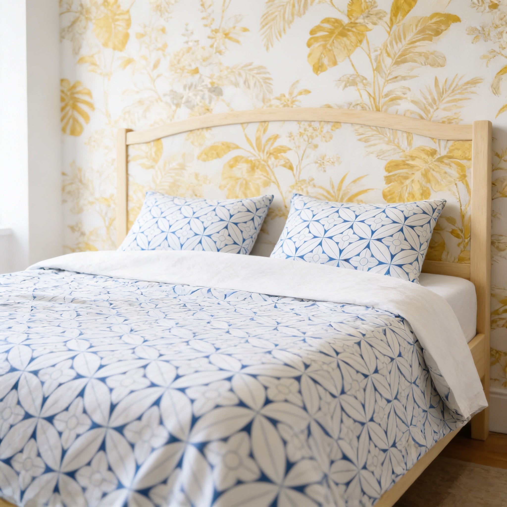 a neatly made bed with a white and blue patterned comforter and matching pillows. The bed is set against a wall with a yellow and white floral wallpaper.