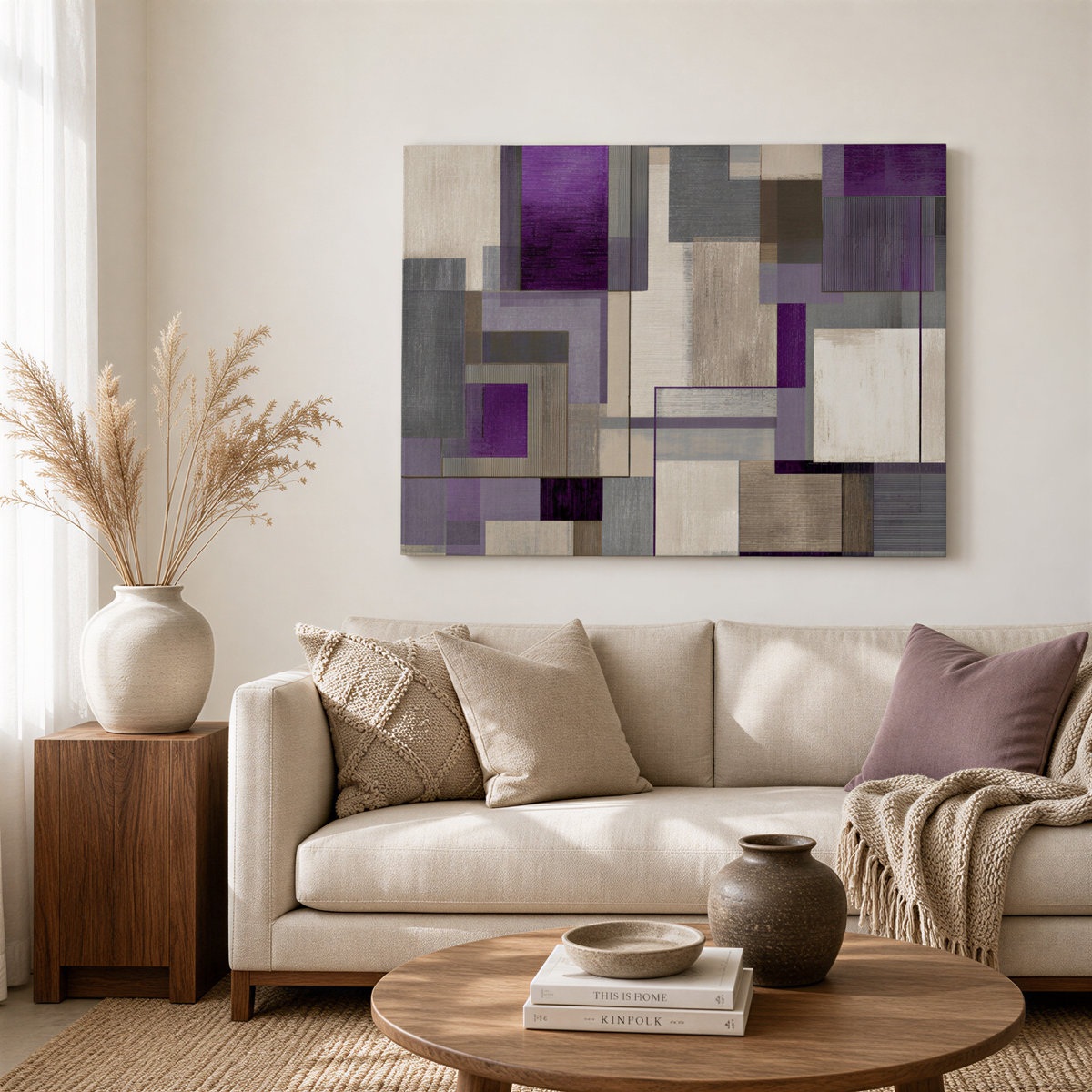 a modern living room with a large abstract painting on the wall, a beige sofa, a wooden coffee table, and a vase with dried flowers.