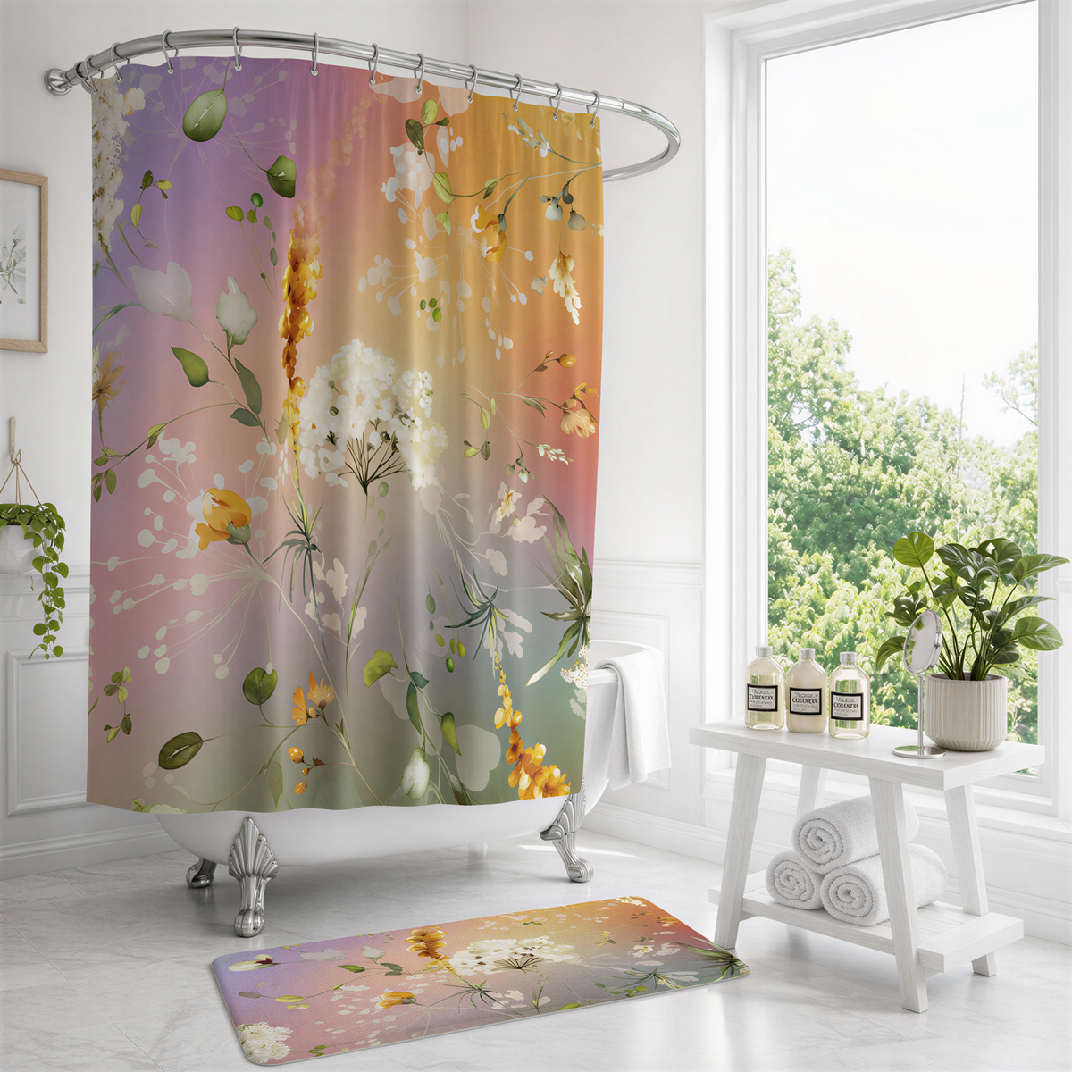 a bathroom with a colorful floral shower curtain, a white bathtub, and a small table with bottles of lotion. The room has a window overlooking trees, creating a serene and natural atmosphere.