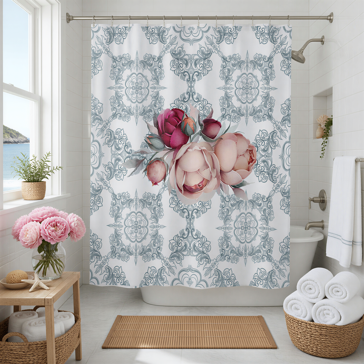a bathroom with a floral patterned shower curtain, a wooden table with a vase of pink flowers, and a basket of rolled towels.