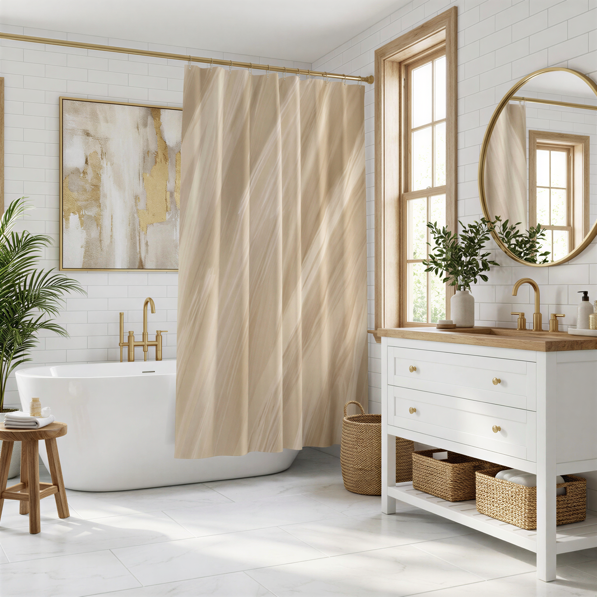 a modern and luxurious bathroom with a white bathtub, a round mirror, a wooden stool, and a large window. The bathroom has a neutral color scheme with beige and white elements, creating a serene and elegant atmosphere.