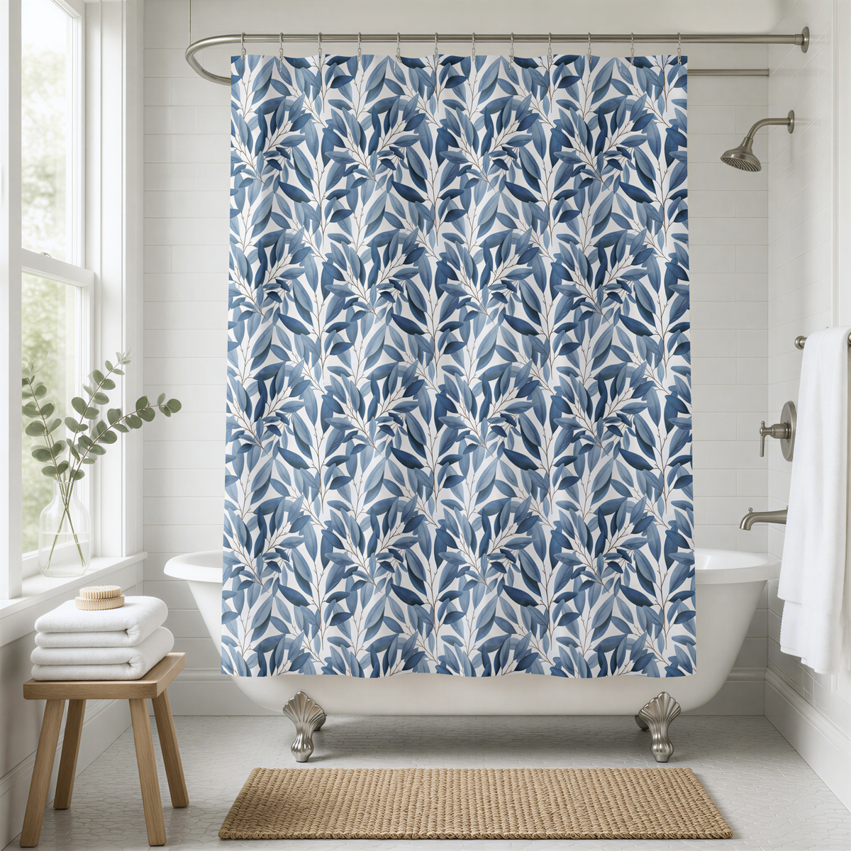 a bathroom with a white bathtub, a shower curtain with a leafy blue and white pattern, and a wooden stool.