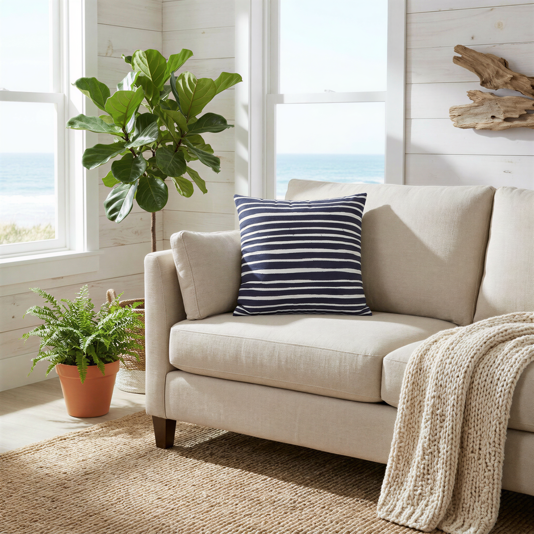 a cozy living room with a beige sofa, a potted plant, and a large window overlooking the ocean.