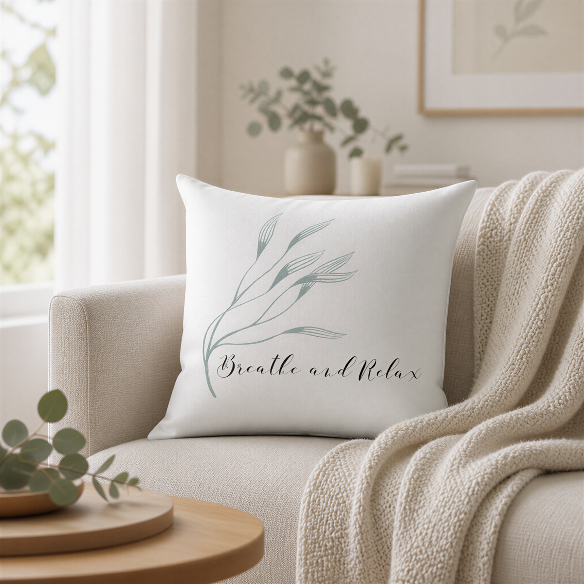 A white throw pillow with a leaf design and the text "Breathe and Relax" sits on a beige couch in a cozy living room setting.