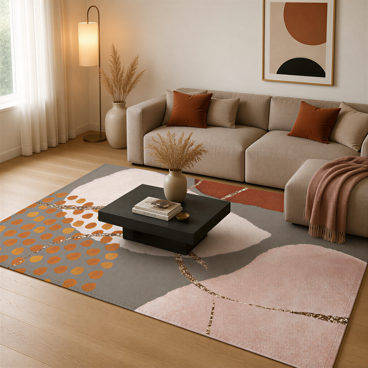 a modern living room with a beige sofa, a black coffee table, and a colorful abstract rug on the floor.