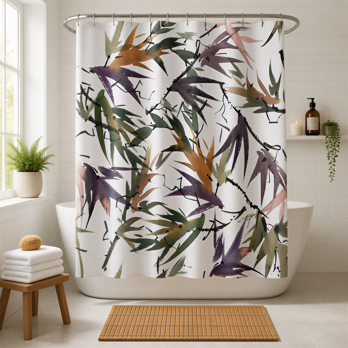 a bathroom with a shower curtain adorned with a leafy, abstract pattern in shades of green, purple, and orange. The shower curtain is hanging from a rod, and there is a wooden stool and a potted plant nearby. The overall color scheme of the bathroom is predominantly white, with the shower curtain and wooden stool adding a touch of natural color.
