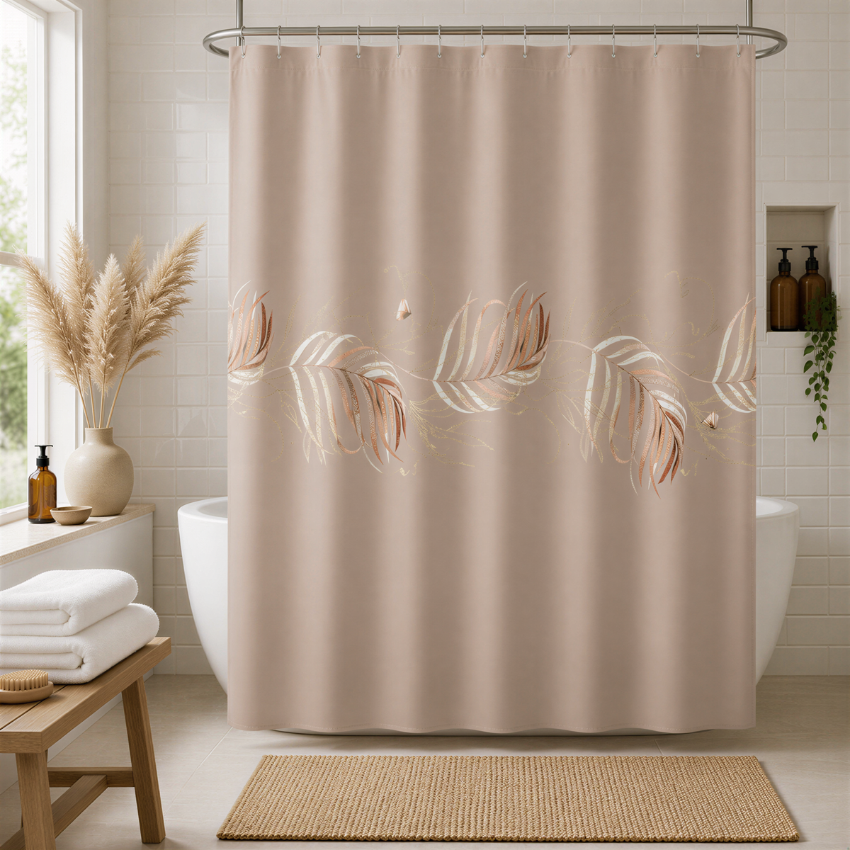 a bathroom with a shower curtain featuring a floral design in shades of beige and brown. The shower curtain is hanging from a rod, and there is a wooden bench and a rug in the room.