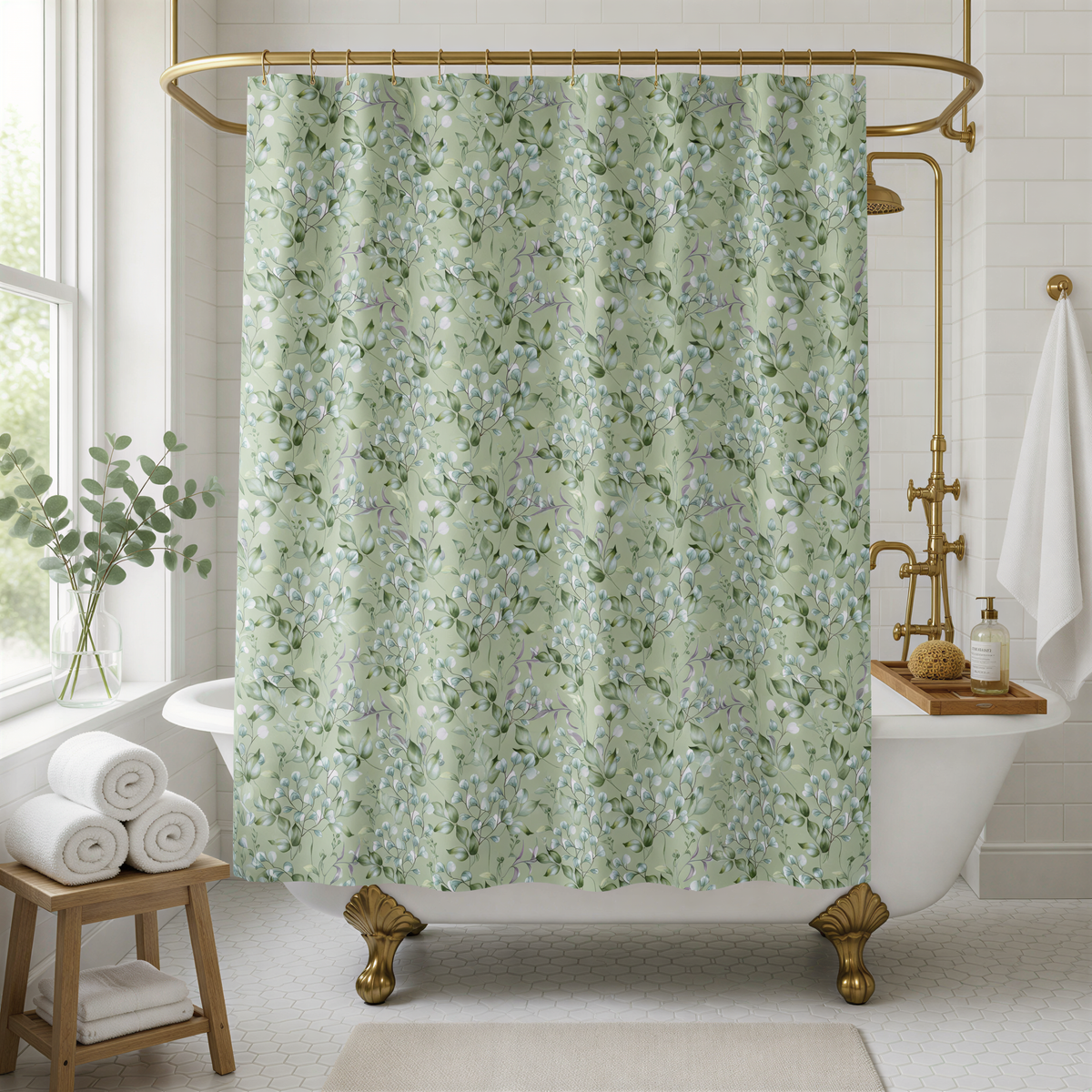 a bathroom with a white bathtub, a shower curtain with a floral pattern, and a wooden stool.