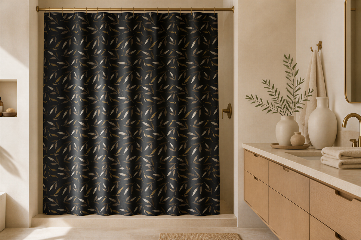a modern bathroom with a black and gold patterned shower curtain, a wooden vanity, and a plant on the counter.