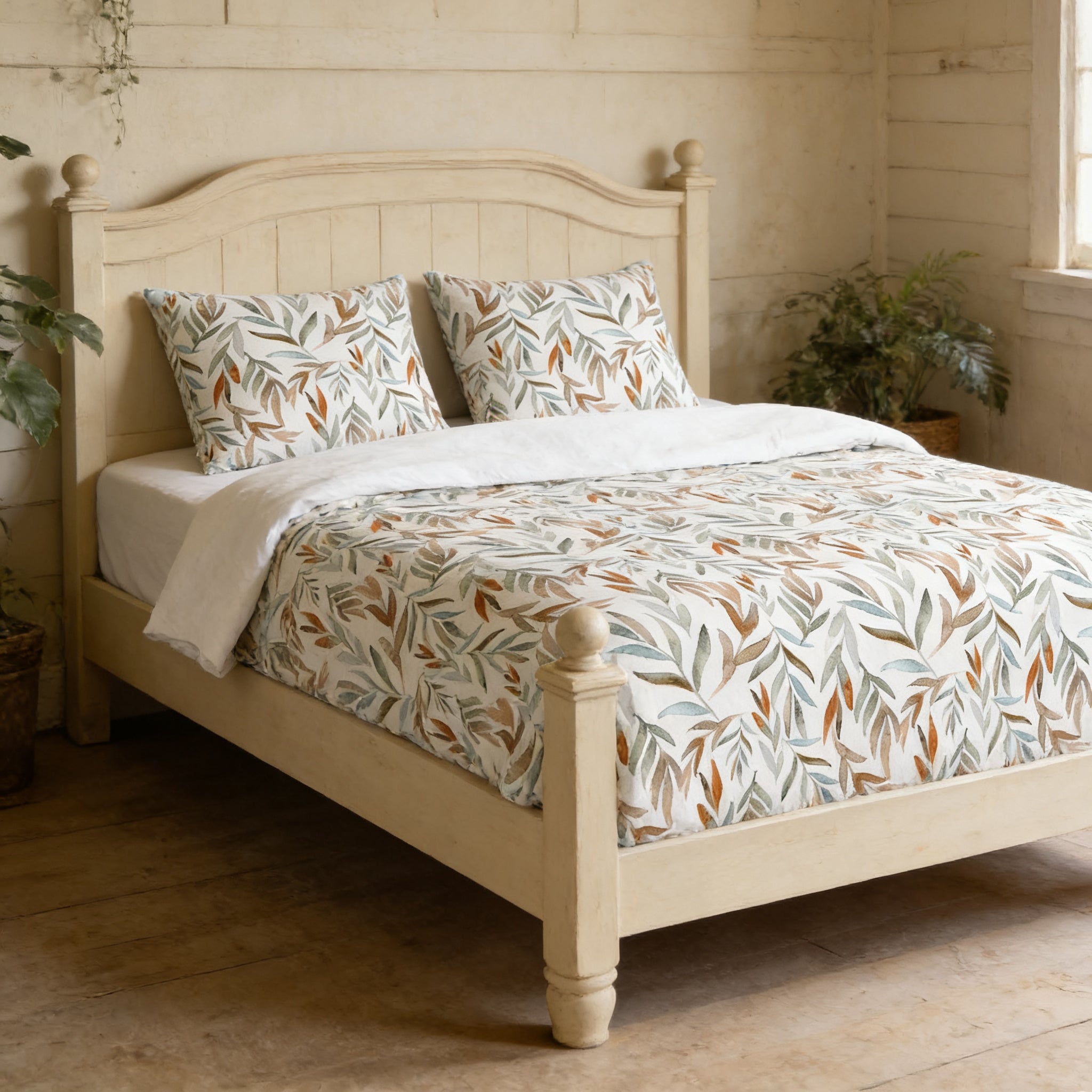 a cozy bedroom with a wooden bed frame, a white headboard, and a white comforter with a leafy pattern. The bed is surrounded by a few potted plants, creating a serene and inviting atmosphere.