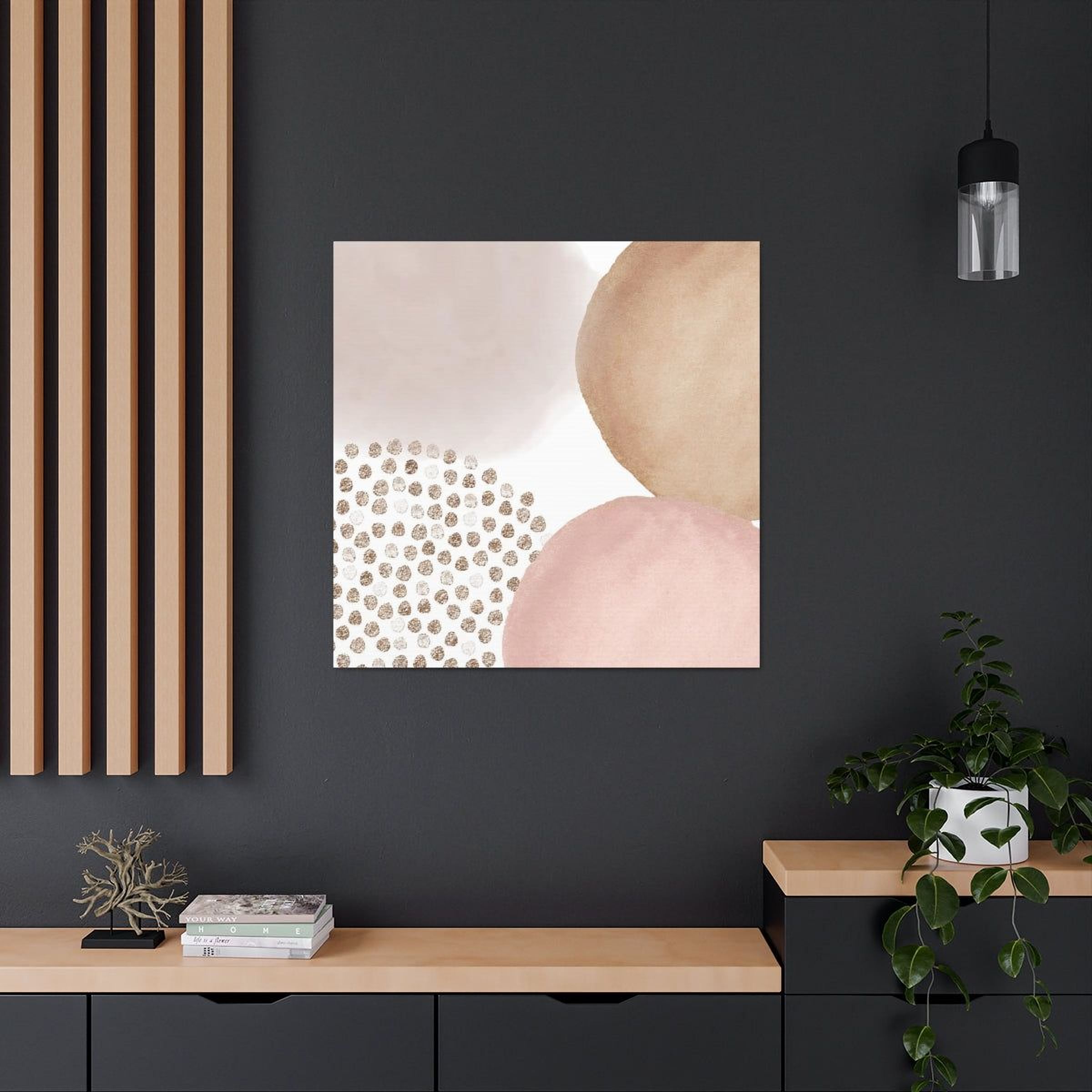 a modern interior design with a black wall, a wooden shelf, a potted plant, and a framed abstract art piece with a pink and white color scheme.