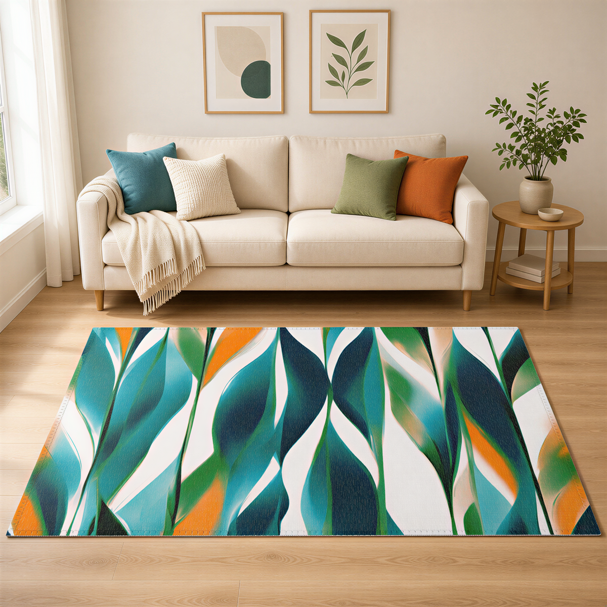 a cozy living room with a beige sofa, a colorful abstract rug, and two framed plant prints on the wall.