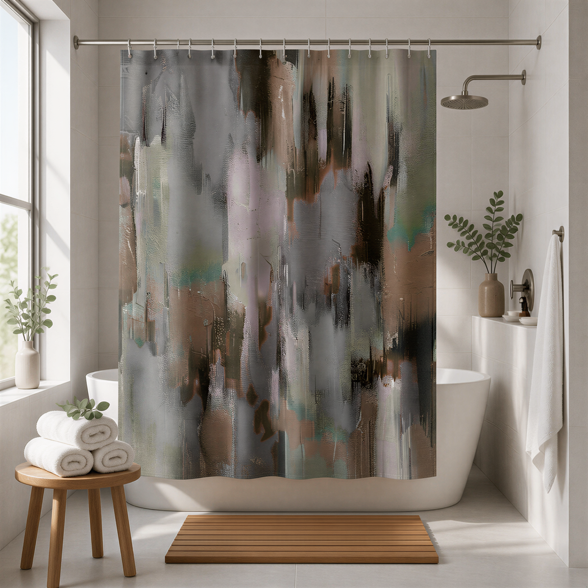 a modern bathroom with a large abstract painting hanging on the wall above a white bathtub. The bathroom is well-lit, with a wooden stool and a potted plant adding to the decor.