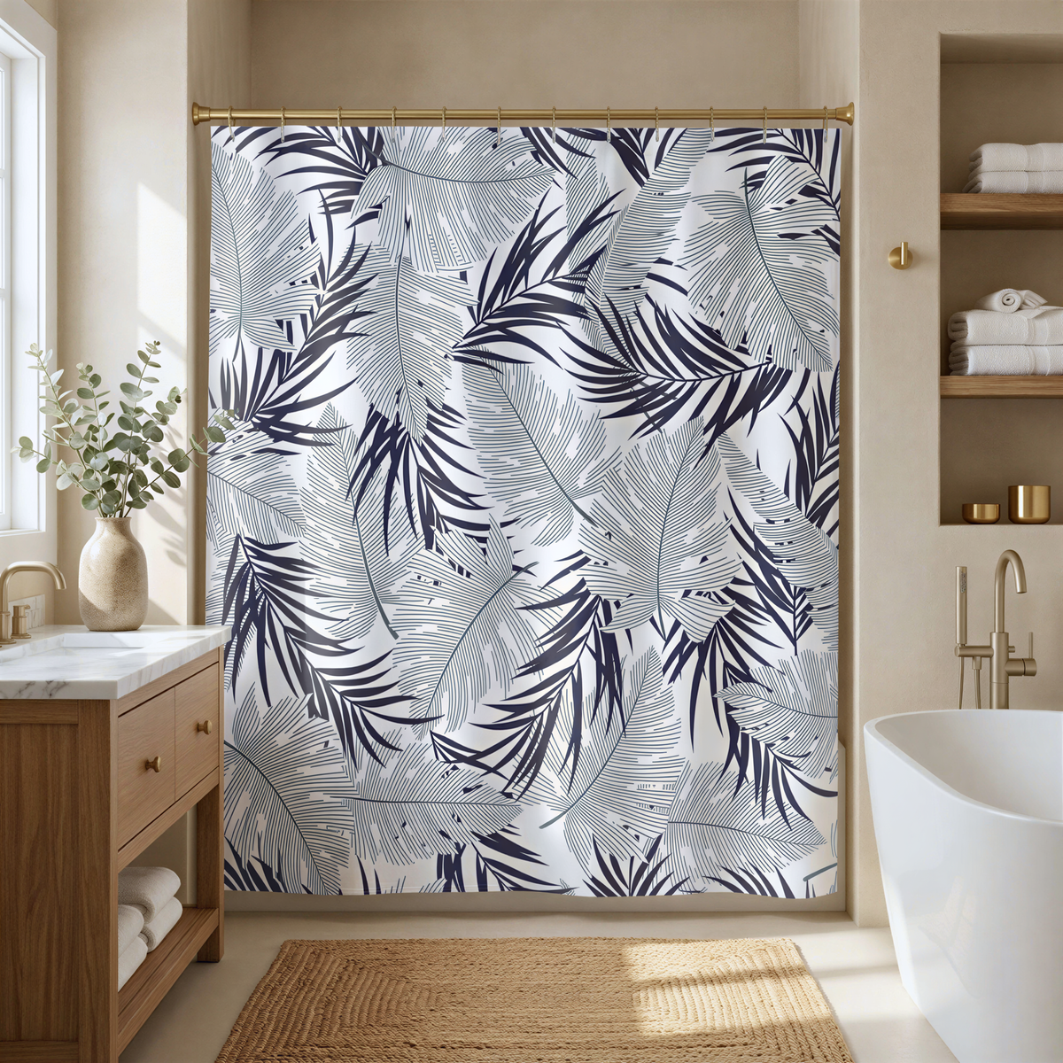 a bathroom with a shower curtain featuring a tropical leaf pattern in shades of blue and gray. The shower curtain is hanging on a rod above a white bathtub. The bathroom also includes a wooden vanity and shelves, as well as a rug on the floor.