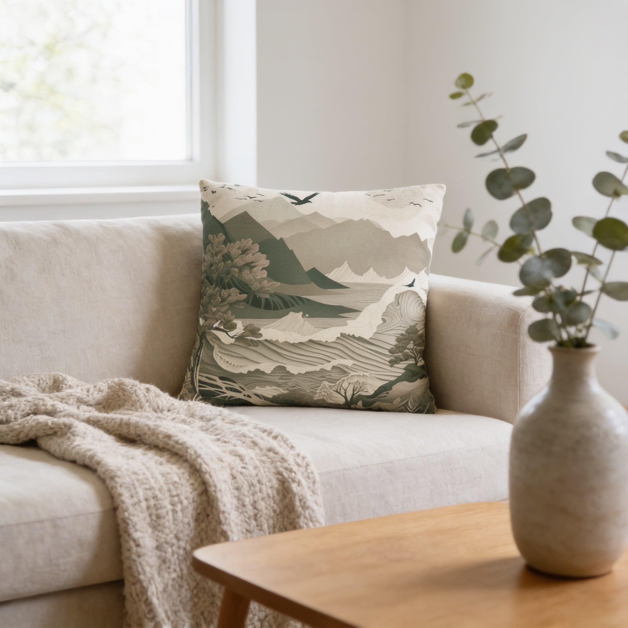 a cozy living room with a beige sofa, a decorative pillow with a mountain landscape, and a wooden coffee table with a vase of greenery.