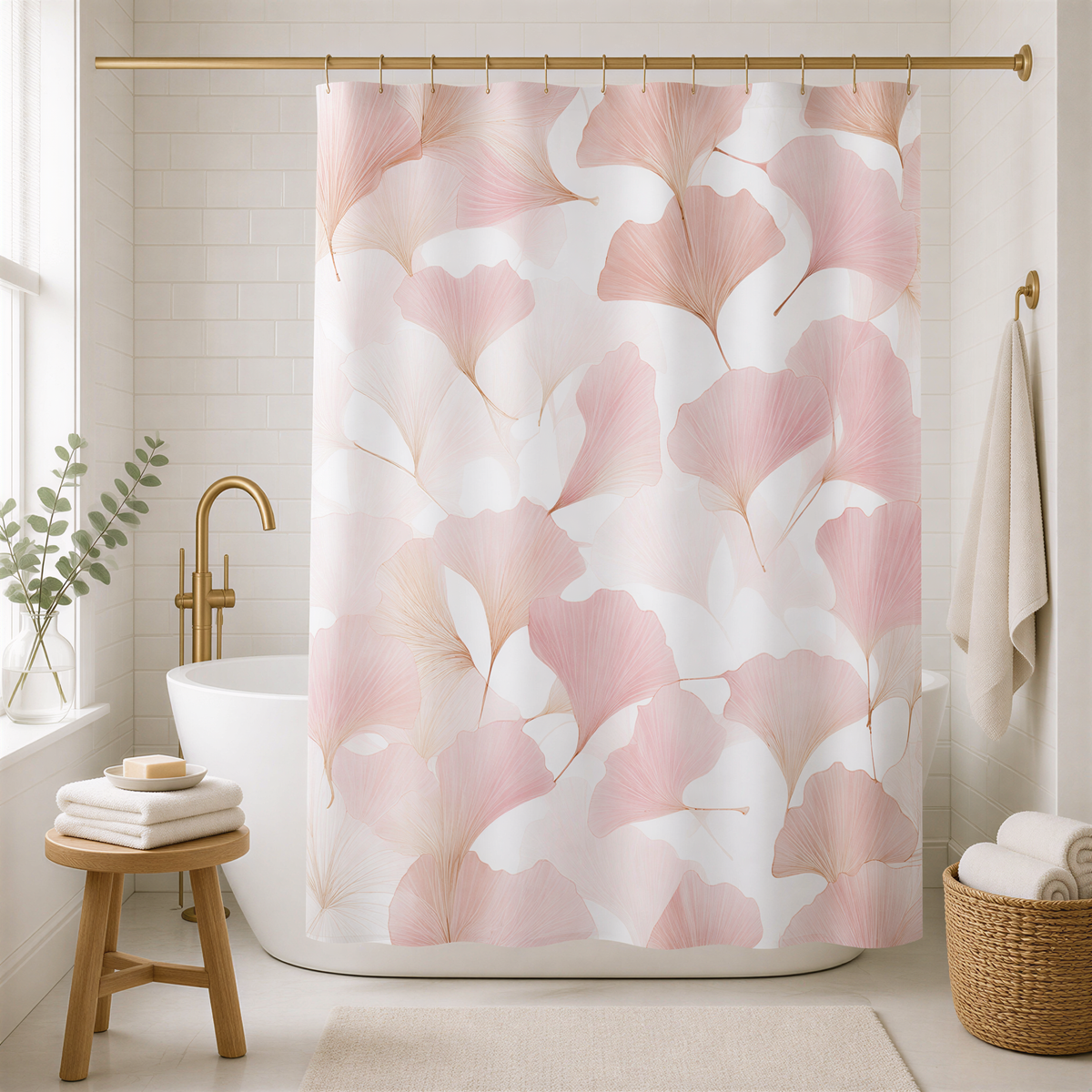 a bathroom with a white bathtub, a shower curtain with a pink leaf pattern, a wooden stool, and a basket of towels.
