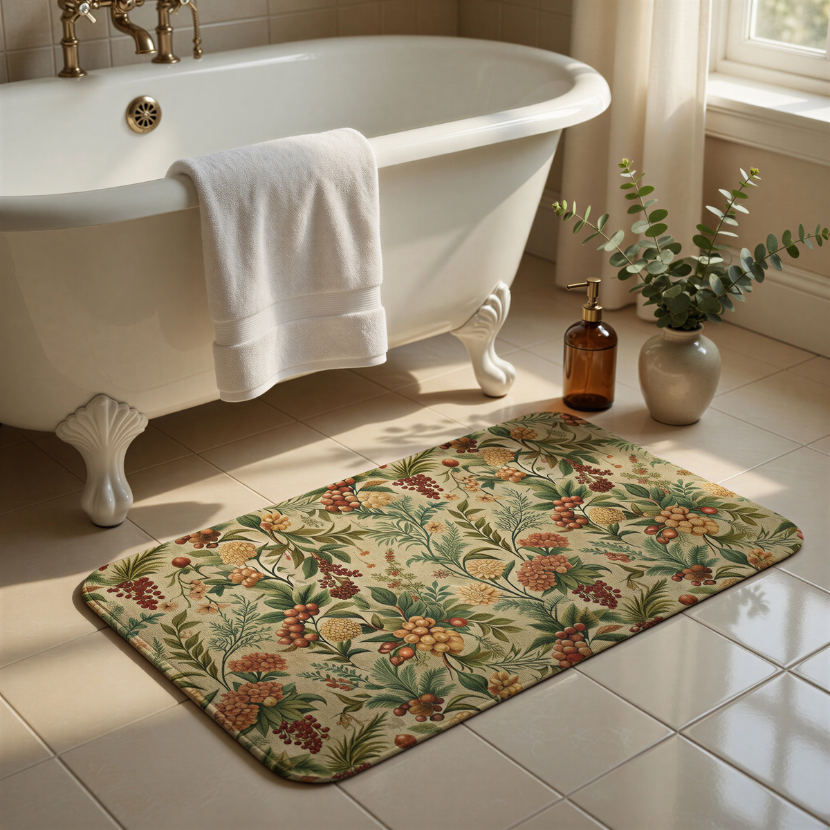 A white clawfoot bathtub with a white towel draped over the side, a brown soap dispenser, and a green plant in a white vase, all set against a backdrop of white tiles.