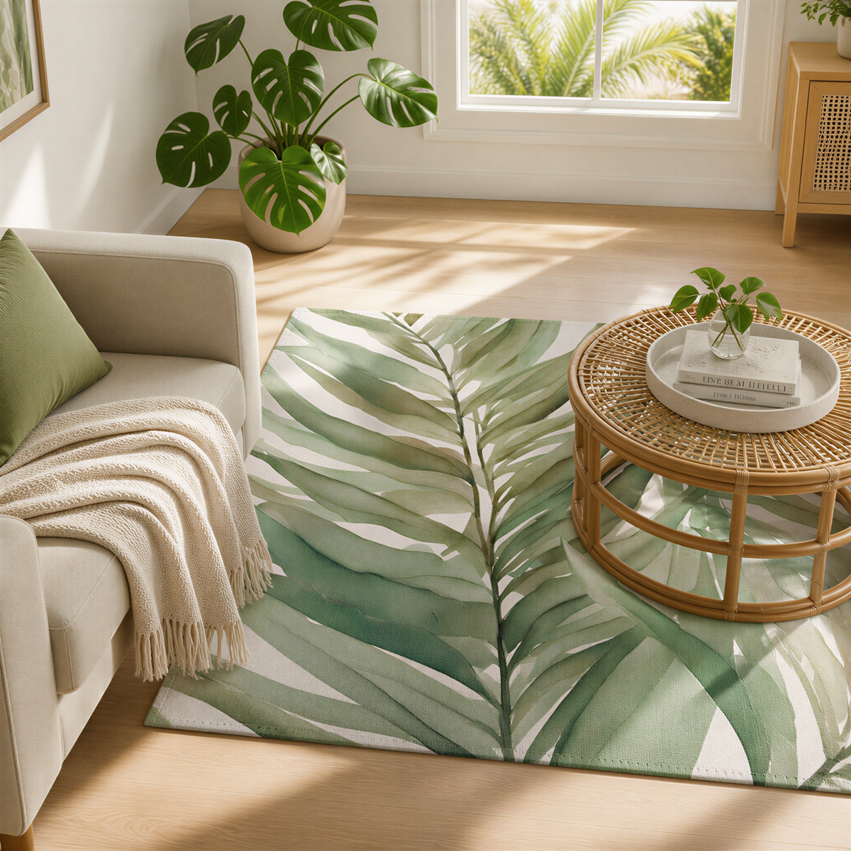 a cozy living room with a large green leafy plant, a woven coffee table, a beige sofa, and a rug with a tropical leaf pattern.