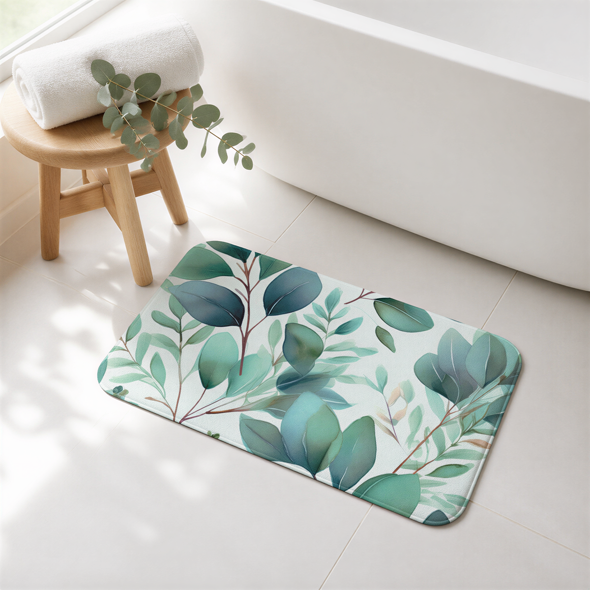 a bathroom scene with a green leaf-patterned bath mat, a wooden stool, and a white bathtub.